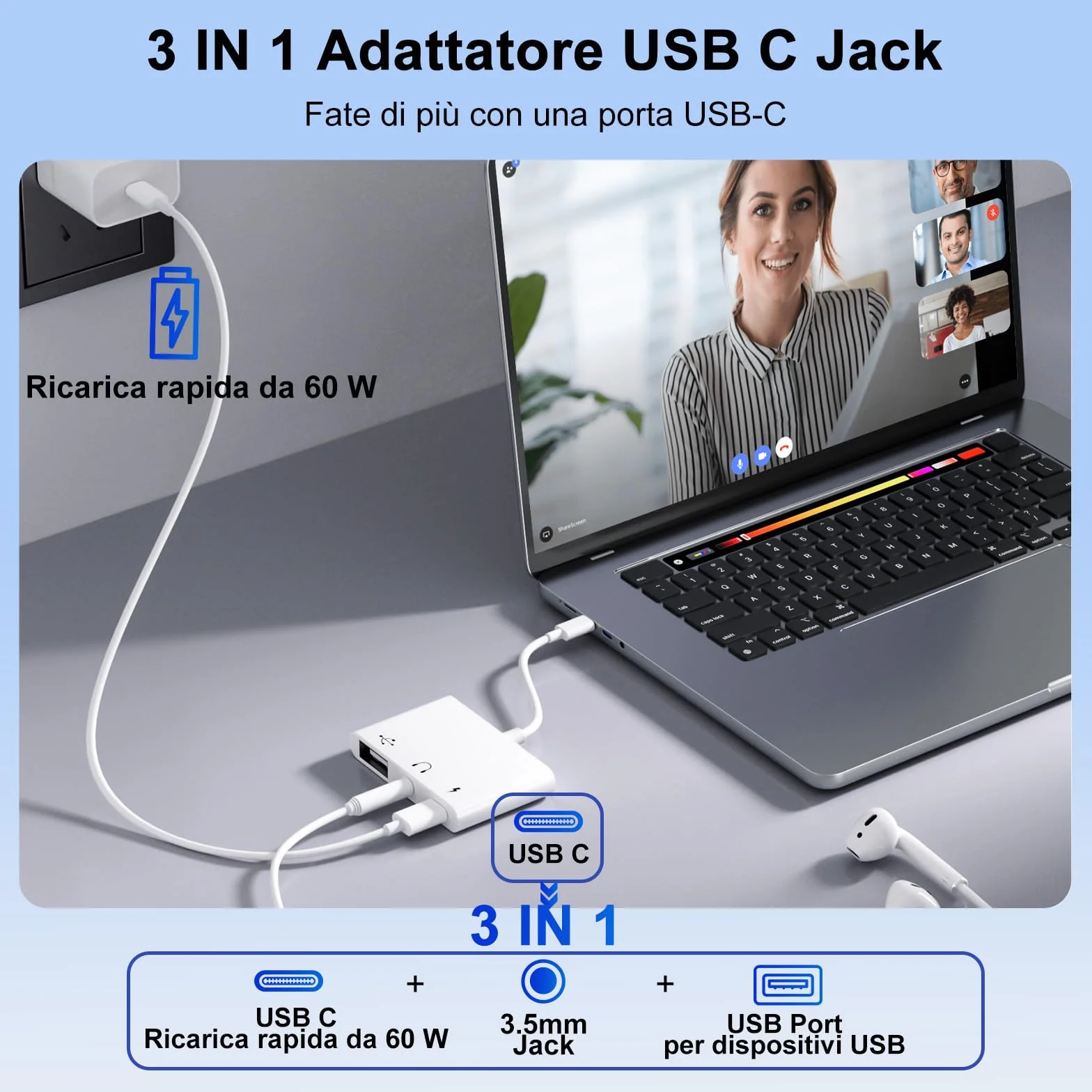 Adattatore USB C Jack 3.5 mm 60W OTG Splitter Audio Tipo C a Aux per iPhone 17/16/15 Samsung Galaxy S25 Ultra A56 S24 S23 iPad Pro Air Pixel