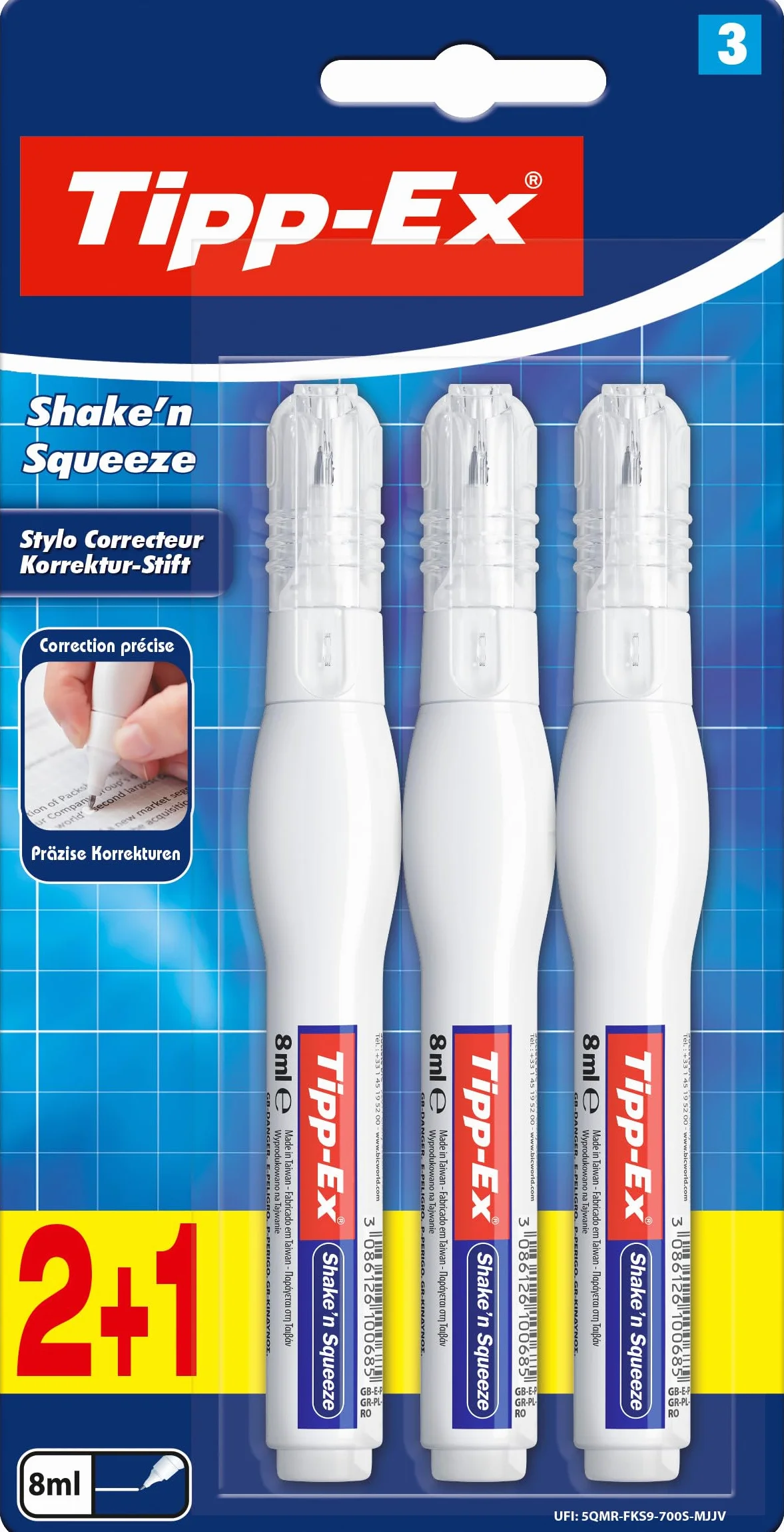 Bic Tipp-Ex Shake 'N Squeeze Correttore Bianchetto Penna Liquido 3 Unità 8ml Beige