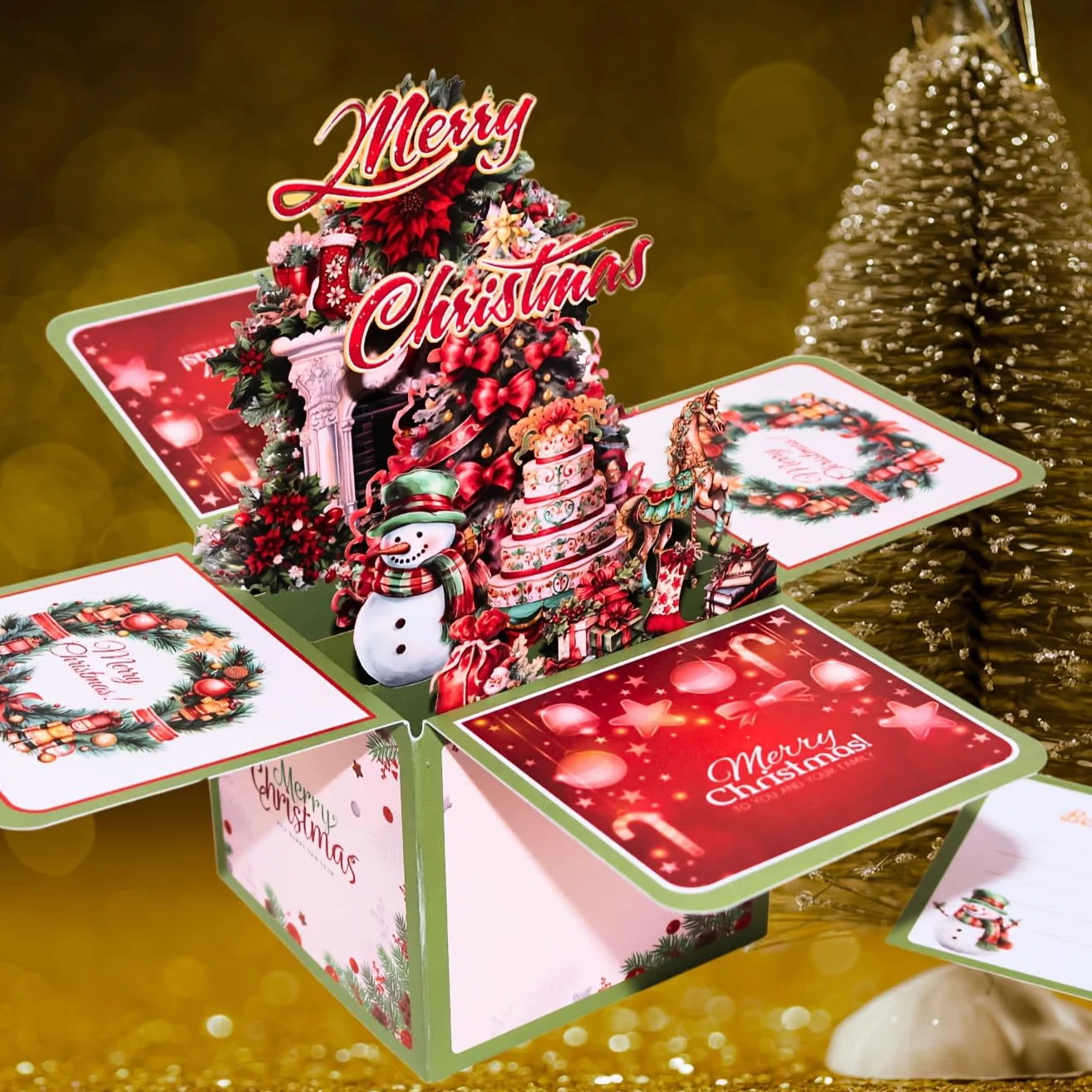 Biglietto Auguri Natale Pop-Up 3D con Albero e Pupazzo di Neve, Busta Inclusa