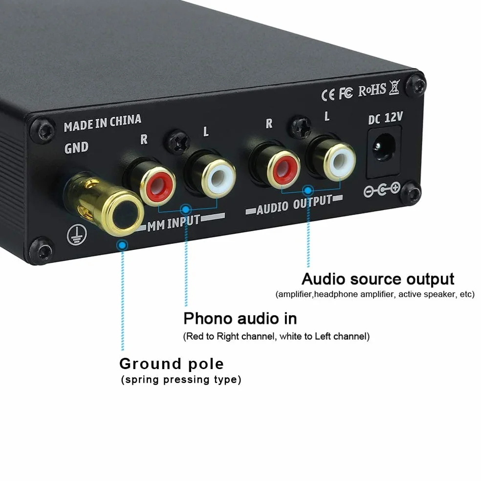 Dilvpoetry Phono Box MM Phono Preamplificatore HiFi Audio AMP Giradischi Amplificatore Fonografo Pre-amp DC12V Nero
