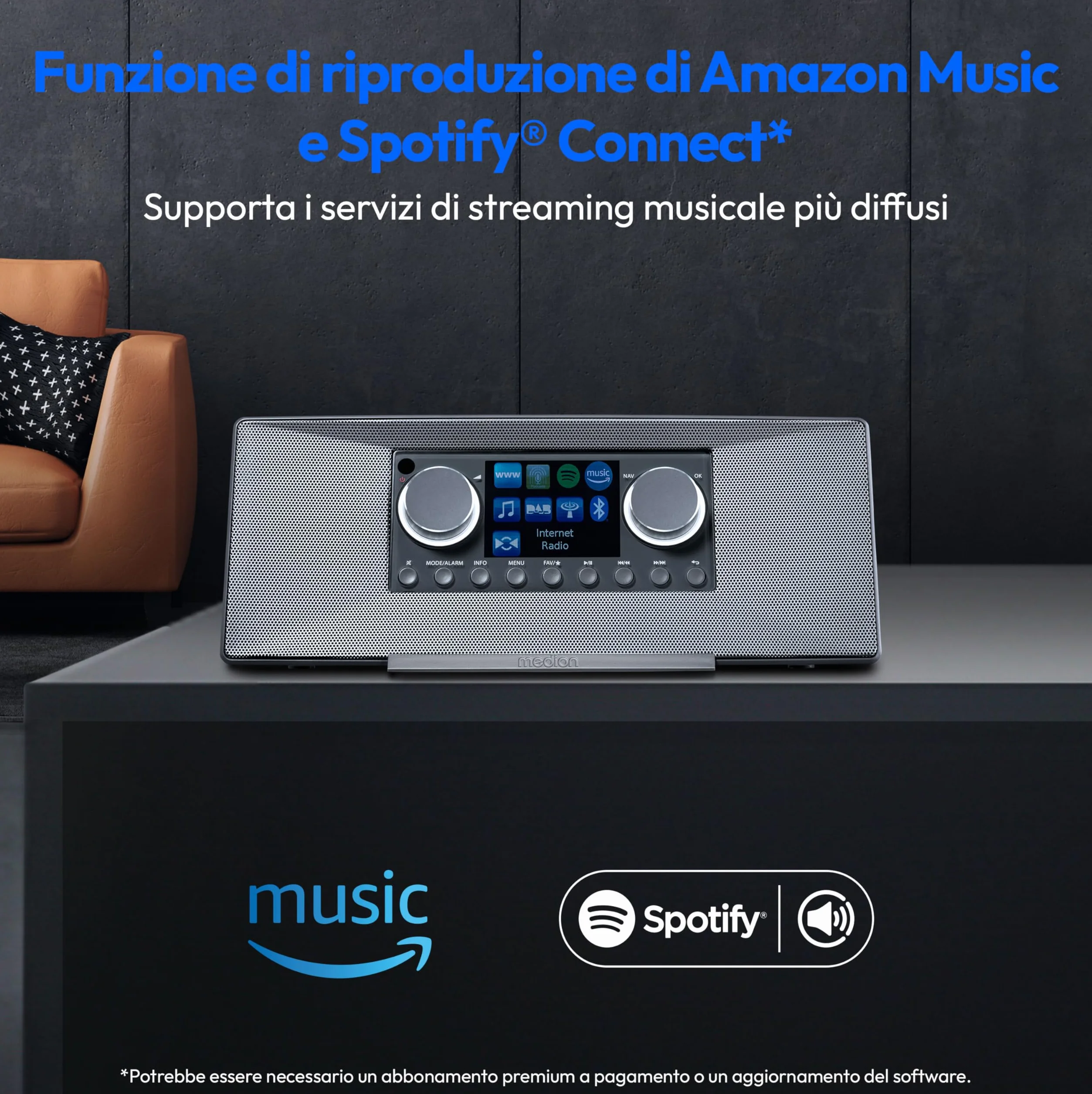 MEDION P85333 Radio Internet DAB+ WLAN FM Spotify Connect DLNA USB Grigio