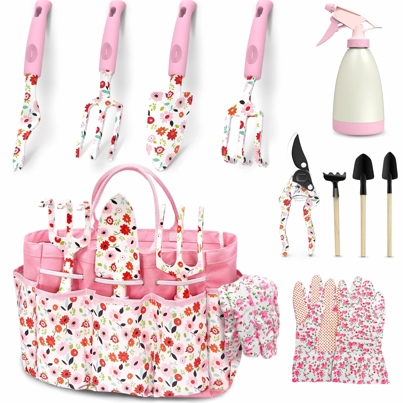 MQFORU Attrezzi da giardinaggio, set di 11 pezzi di attrezzi giardino per uso intensivo, nuovo set completo set giardinaggio, regali di giardinaggio per donne e uomini, Rosa