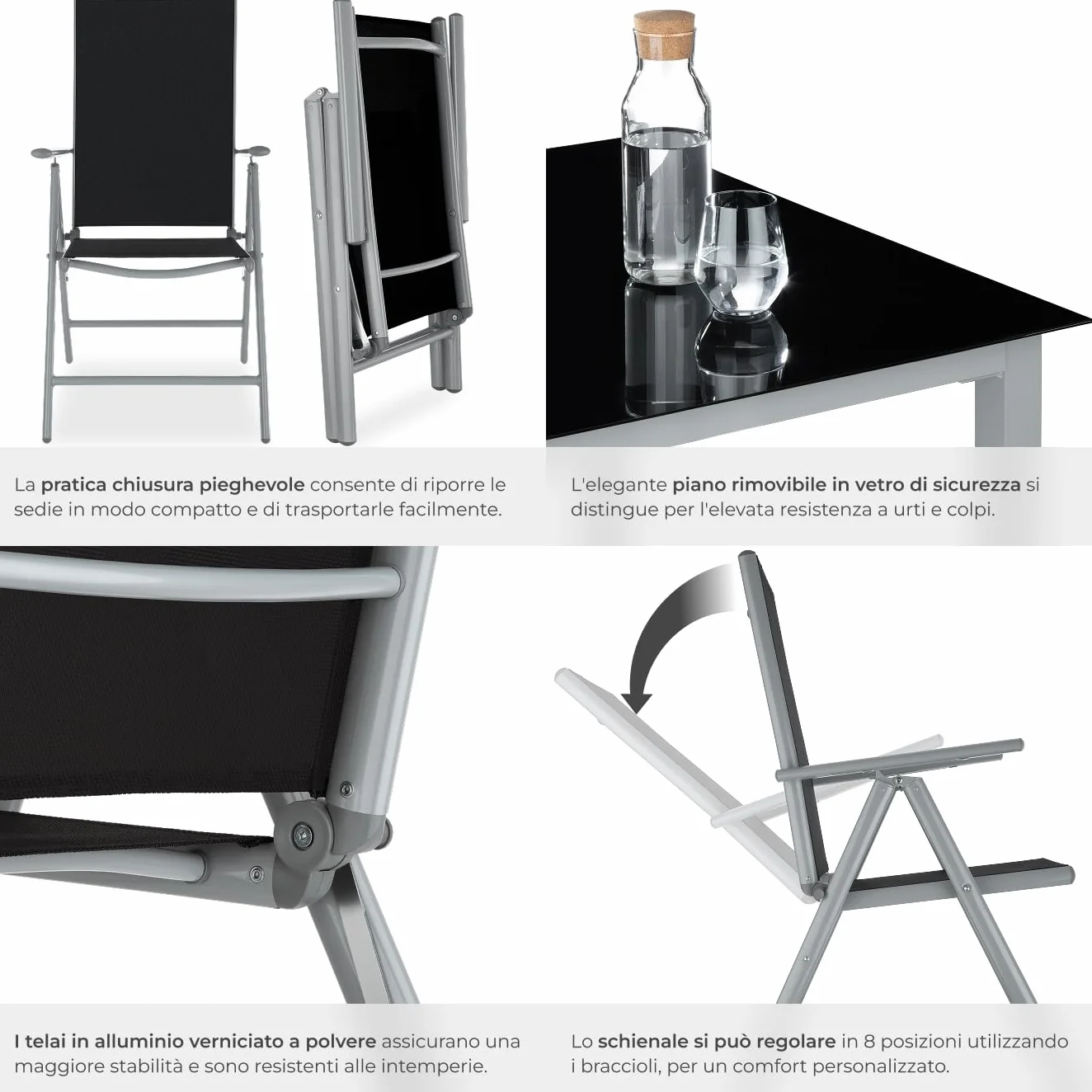 tectake® Set Tavolo da Esterno con Sedie, Telaio Alluminio, 1 Tavolo da Giardino Piano in Vetro, 4 Sedie Pieghevoli, Schienale Reclinabile 8 Posizioni, Set Resistente alle Intemperie - Grigio/Argento