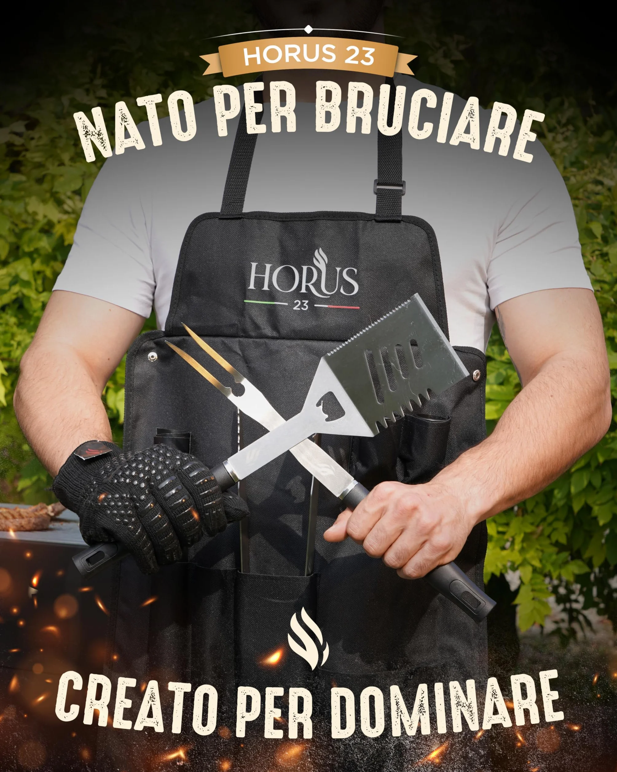 HORUS 23® Set Barbecue con Guanto Ignifugo, Tappetino Griglia e Grembiule Oxford Acciaio Inox