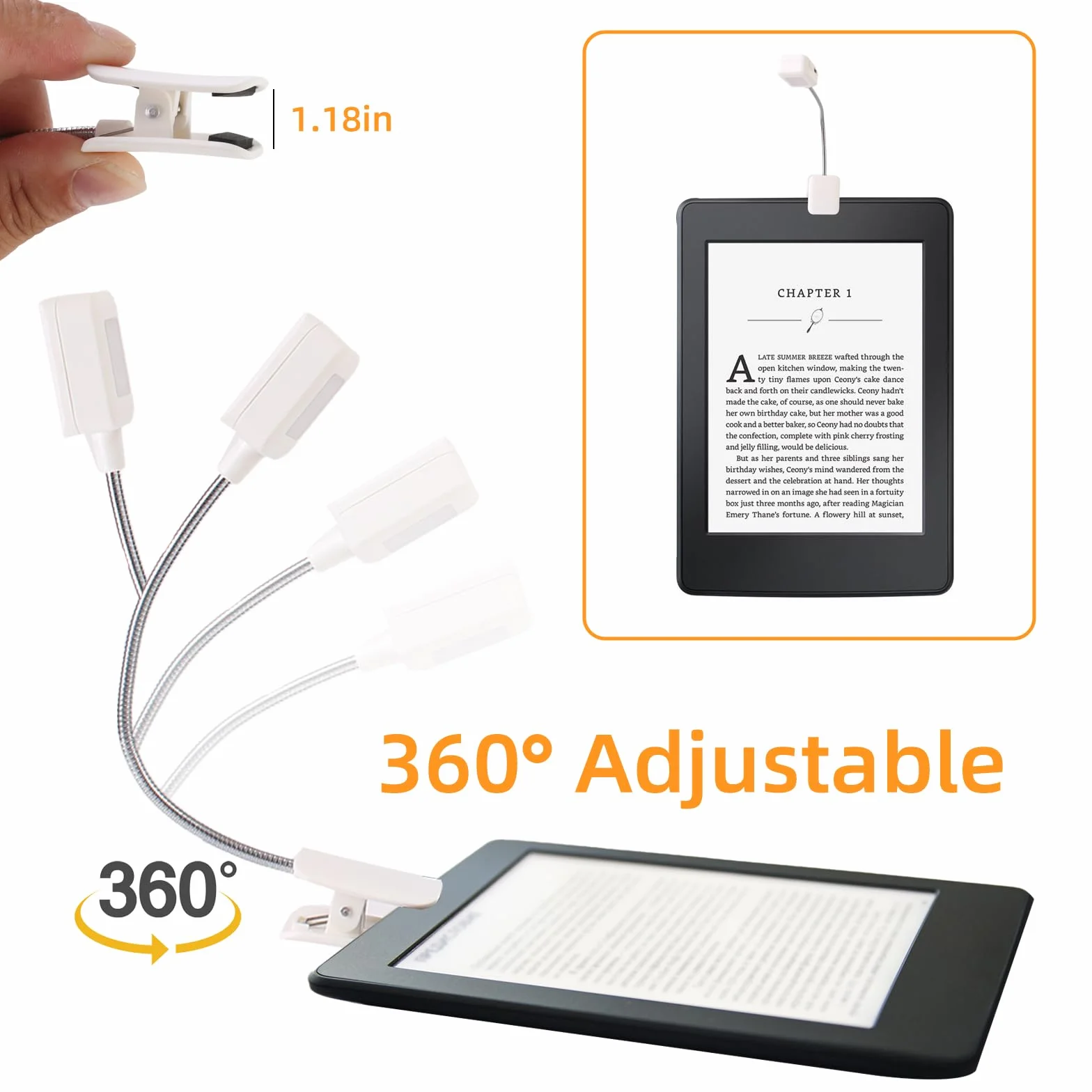 UXIETIN Luce da lettura regolabile e pieghevole per Kindle, ricaricabile USB, nero