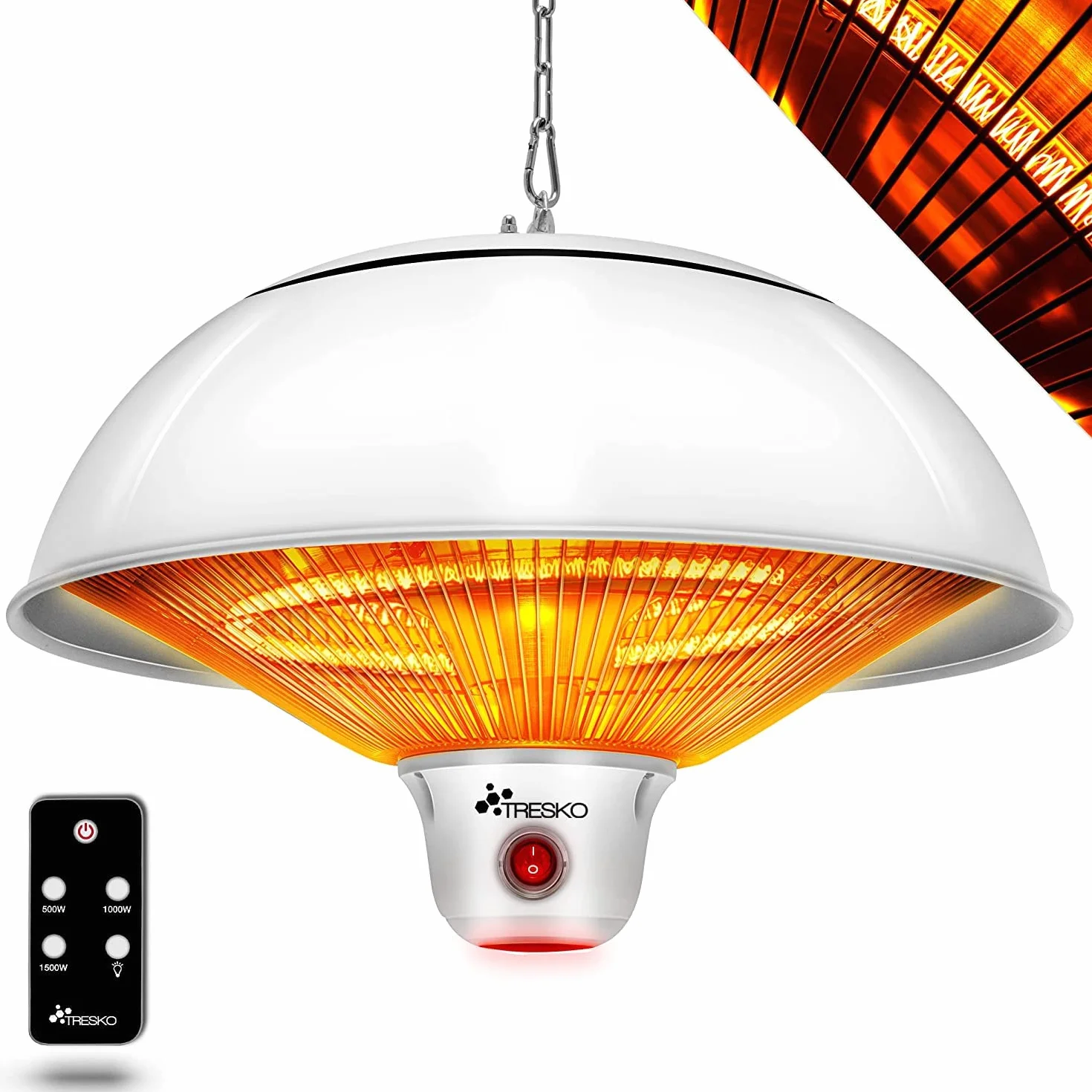 TRESKO Riscaldatore ad infrarossi per soffitto 1500W | Riscaldatore elettrico | Riscaldatore per patio per interni ed esterni | Stufa Elettrica Terrazza (Bianco)