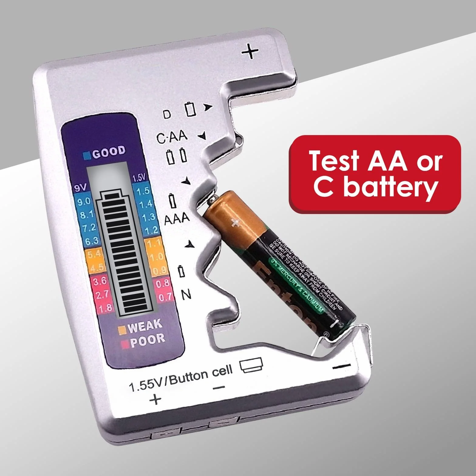 Tester Batterie Universale con LCD per AA AAA C D N 9V 1.5V Bottone
