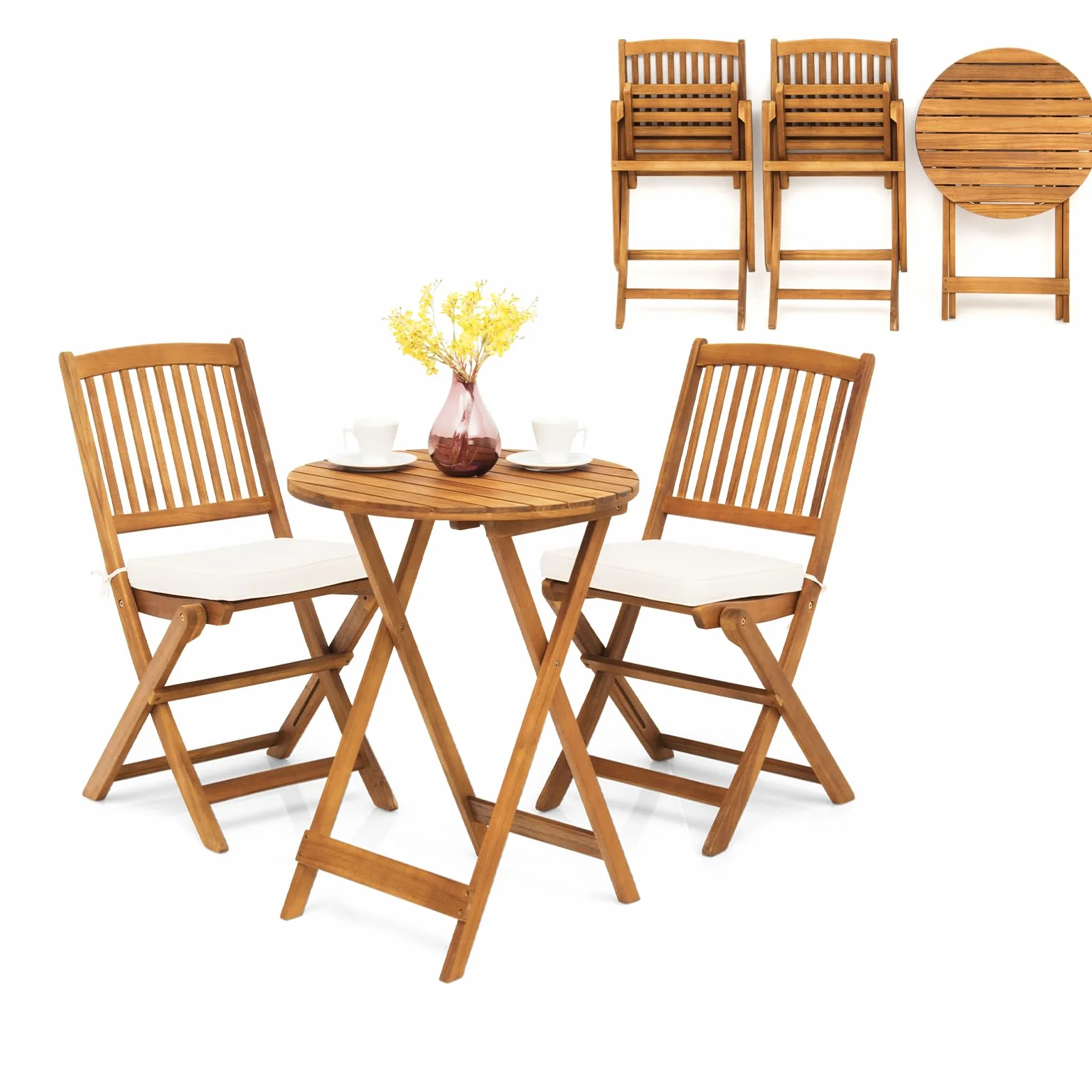KOMFOTTEU Set da Bistrò Pieghevole, Tavolo Portato 40 kg, Sedie con Cuscini Portato 160 kg, Set Giardino, Set Tavolo e Sedie da Giardino, Set da Esterno per Balcone (Cuscini Beige)