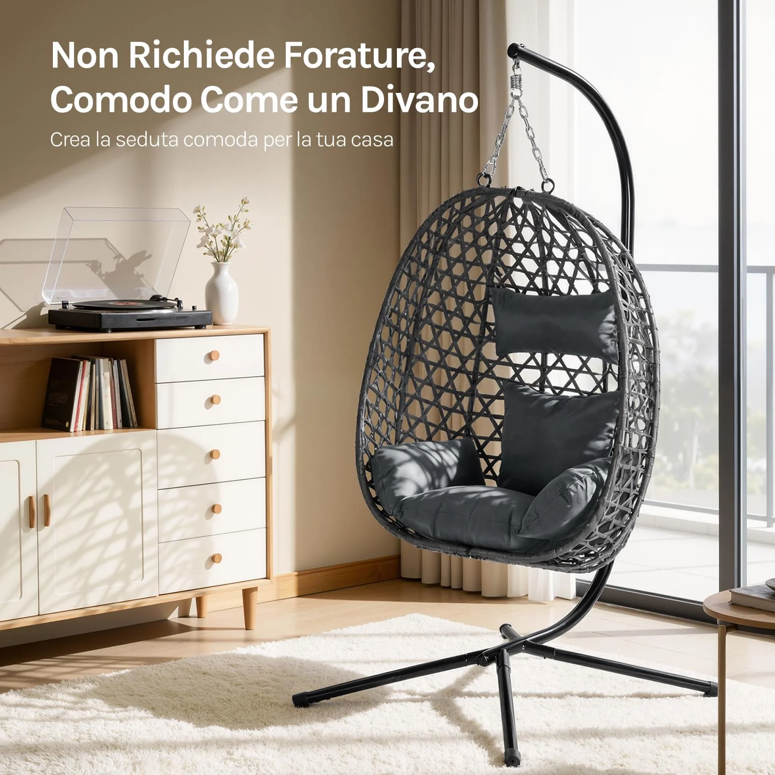 WOLTU Poltrona Sospesa a Uovo con Supporto in Metallo, Cuscino e Poggiatesta, Rattan PE, 102x100x196 cm, Grigio