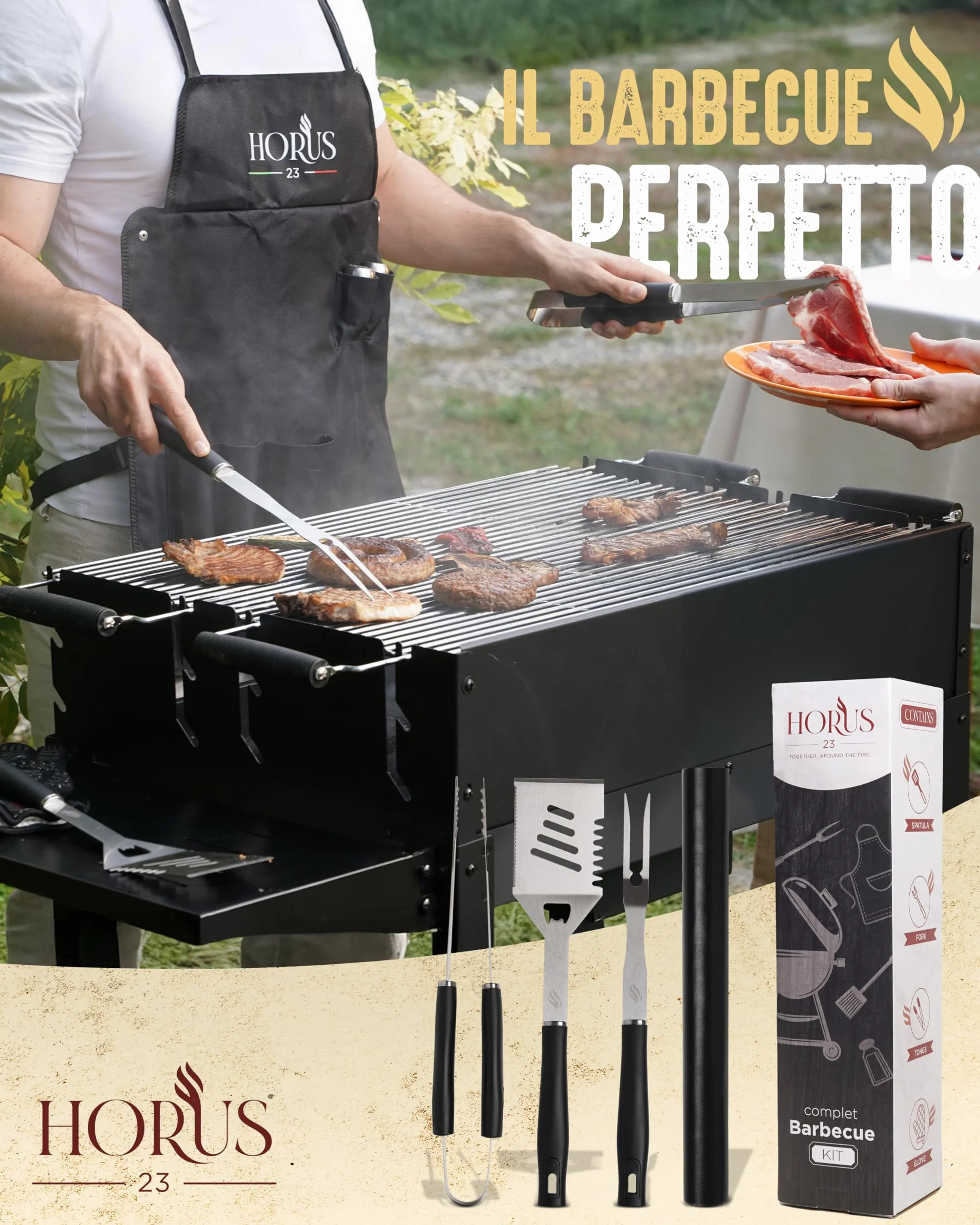 HORUS 23® Set Barbecue con Guanto Ignifugo, Tappetino Griglia e Grembiule Oxford Acciaio Inox