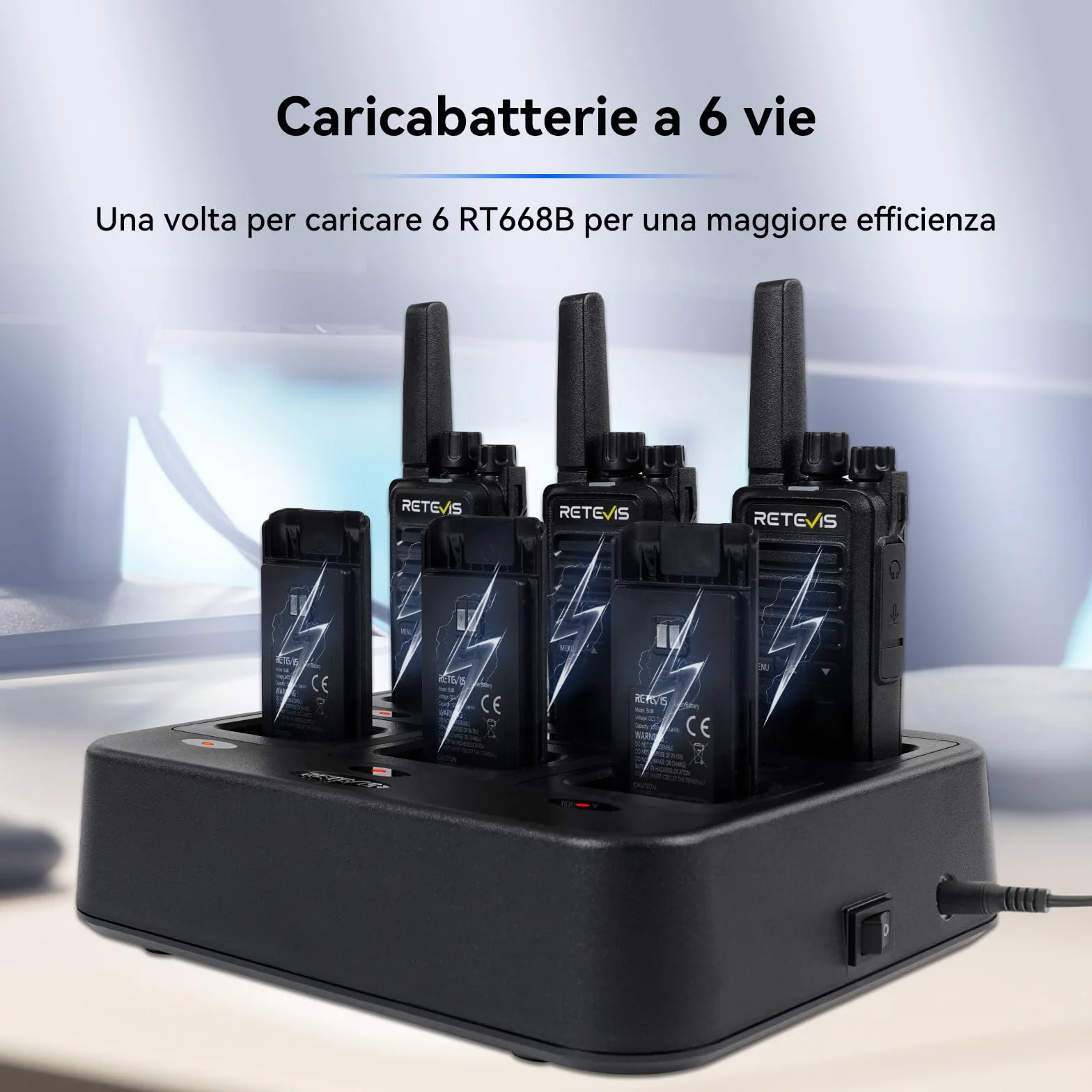 Retevis RT668B Walkie Talkie PMR446 6 Pezzi Nero con Caricatore a 6 Vie e Auricolare