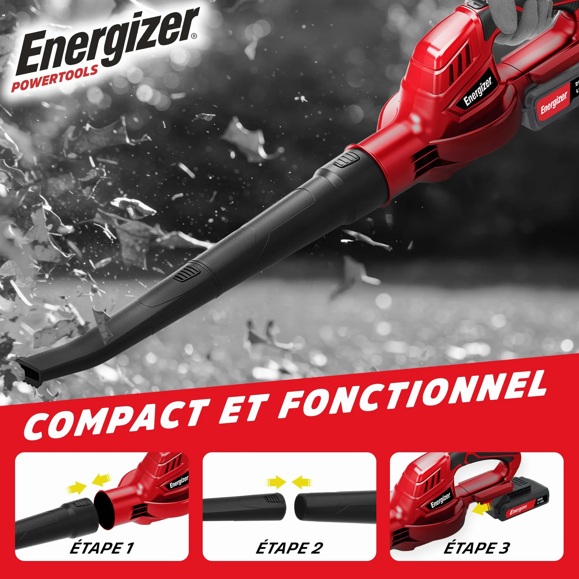 Energizer Soffiatore di foglie senza fili 20 V, velocità aria 210 km/h, portata 5000 l/min, motore 13000 RPM, leggero 1,2 kg, batteria 20 V e caricabatterie inclusi