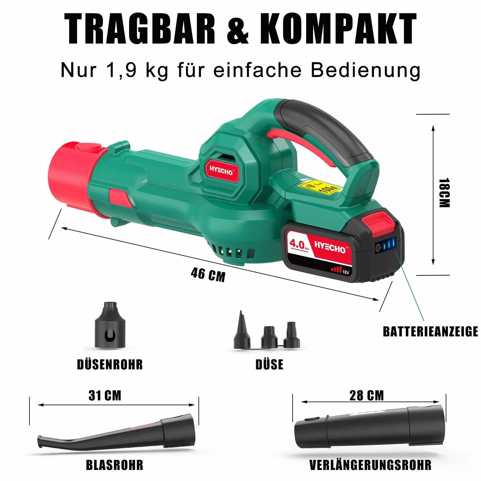 Soffiatore a Batteria, Soffiatore Foglie 223km/h, 18V 4,0Ah Batteria, con Ugello di Gonfiaggio in 3 pcs, Leggero ed Ergonomico, per Pulire le Foglie, Rimuovere la Polvere
