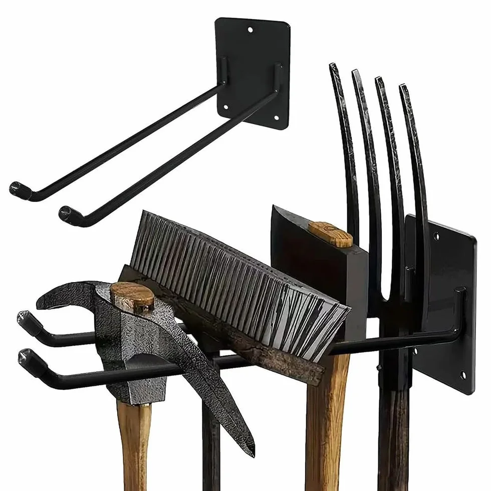 Organizer da parete per garage per montaggio in acciaio per attrezzi da giardino, 2 pezzi, design salvaspazio resistente, per pale, rastrelli e scope, nero