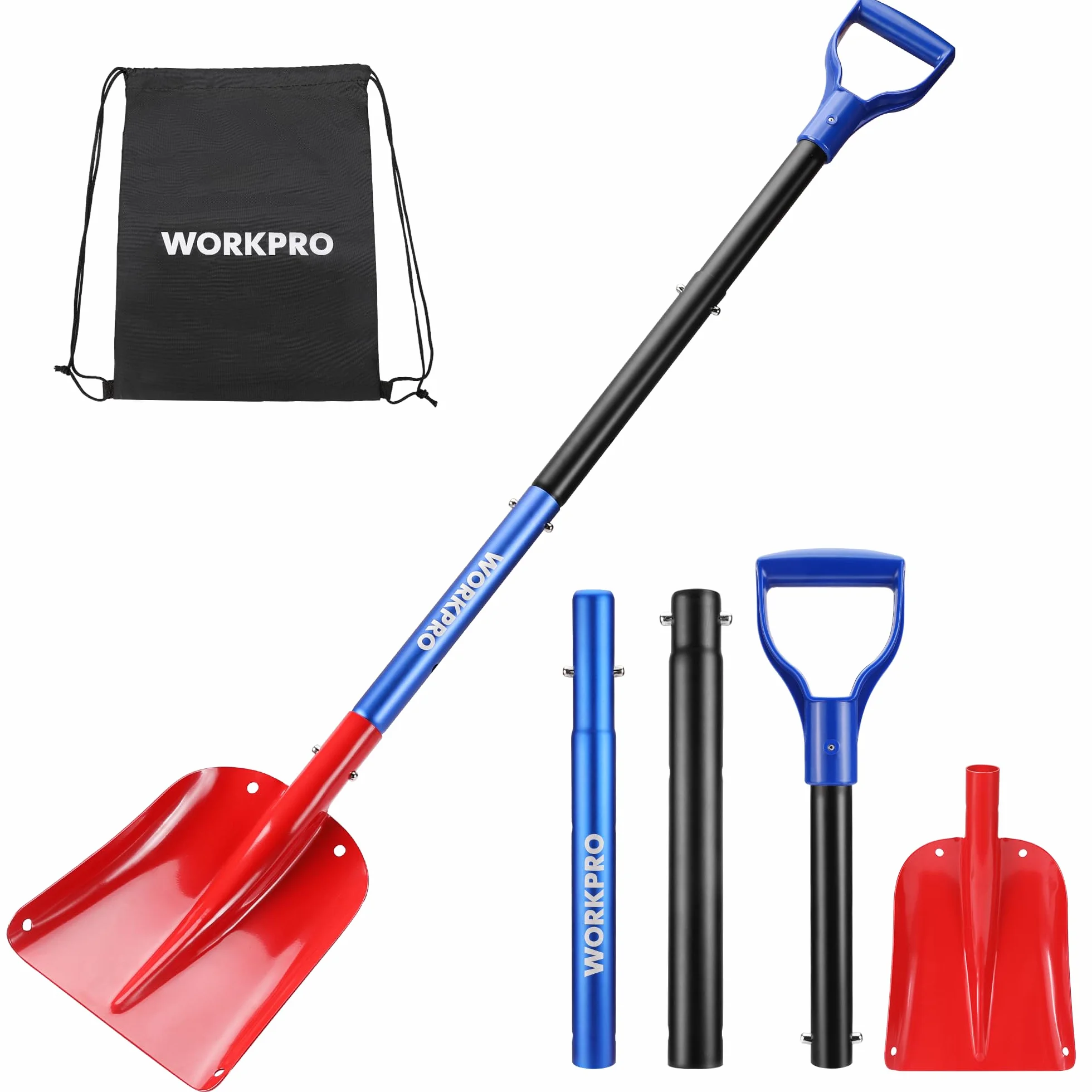 WORKPRO Pala da neve telescopica 66,5-120cm, Pala per la neve portatile staccabile in alluminio con borsa di stoccaggio, Per rimuovere la neve da vialetti, marciapiedi e cortili