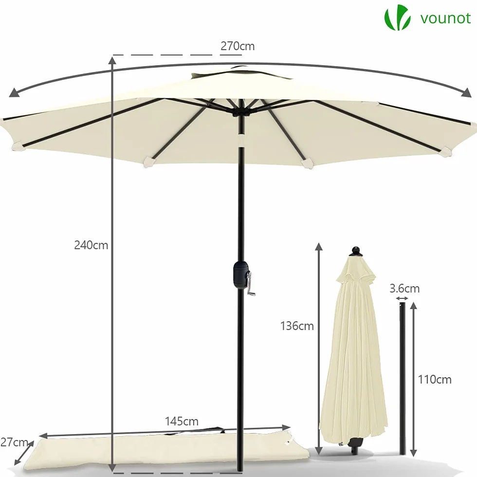VOUNOT® Ombrellone da Giardino 270 cm, Parasole Spiaggia Inclinabile con Manovella, Protezione UV per Terrazza, Giardino, All'aperto, Beige