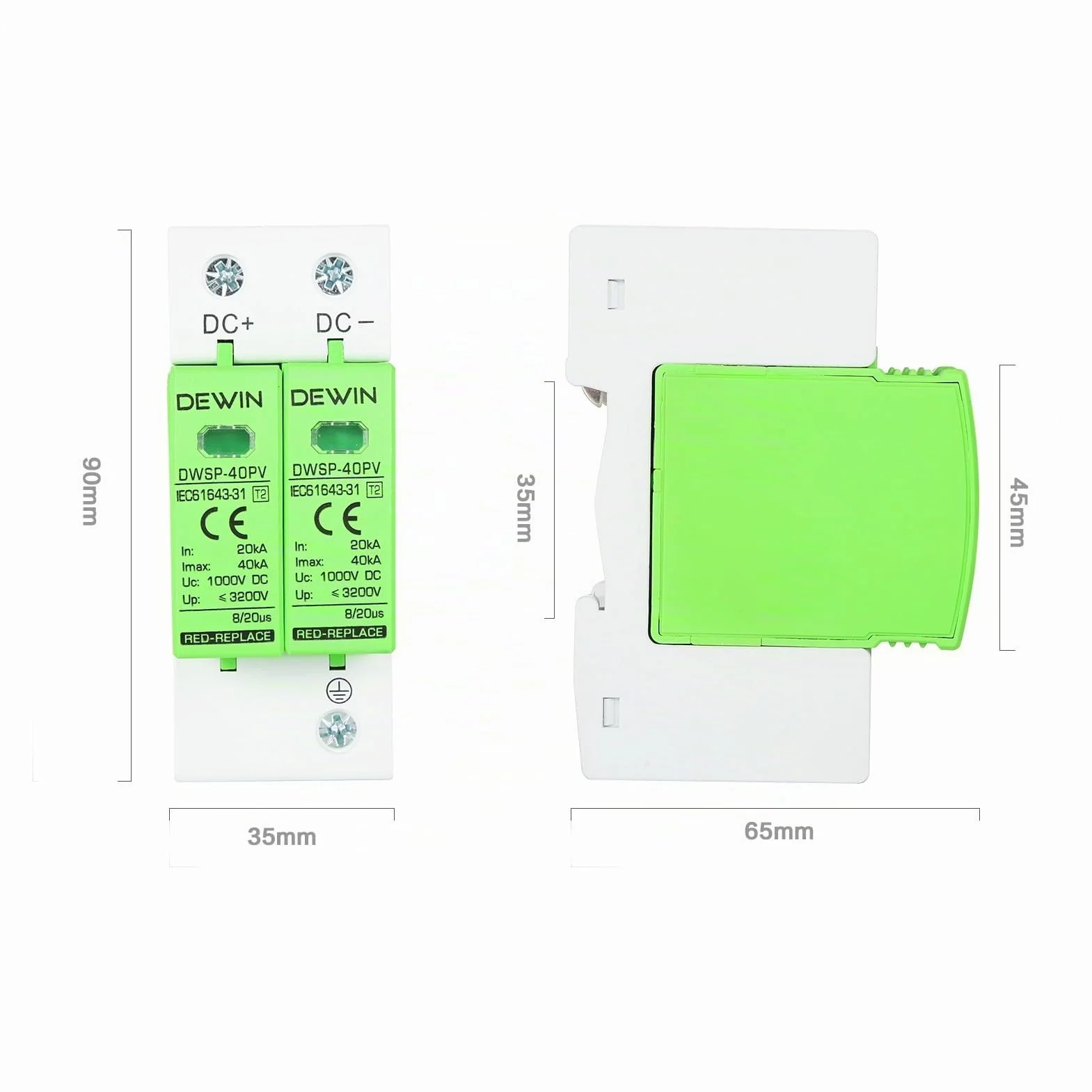 DEWIN Scaricatore di Sovratensione 2P 40KA DC 1000V Fotovoltaico Protezione Fulmini
