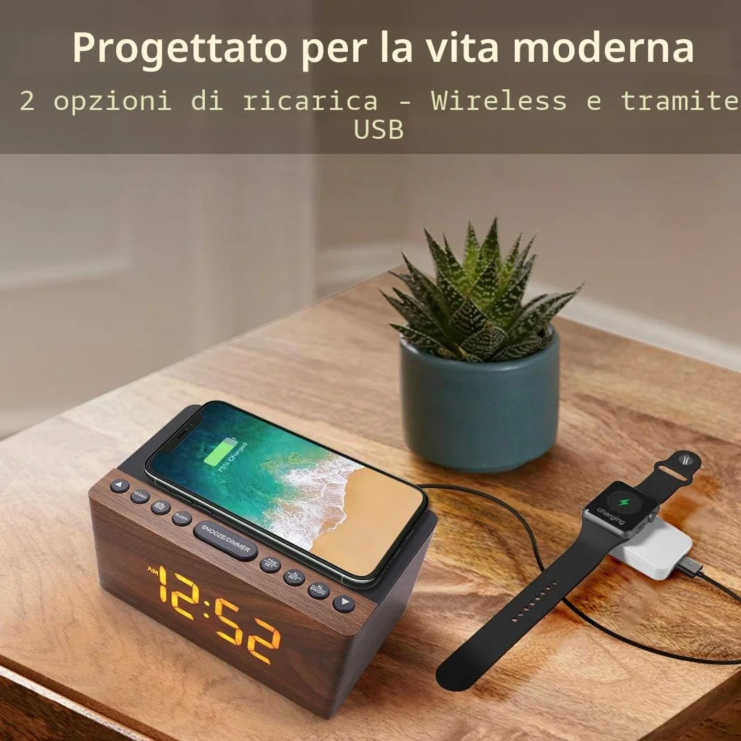 ANJANK Radiosveglia Digitale con Radio FM, Stazione di Ricarica Wireless Veloce 10W per iPhone/Samsung Galaxy, Display LED, Dimmer 5 Livelli, USB