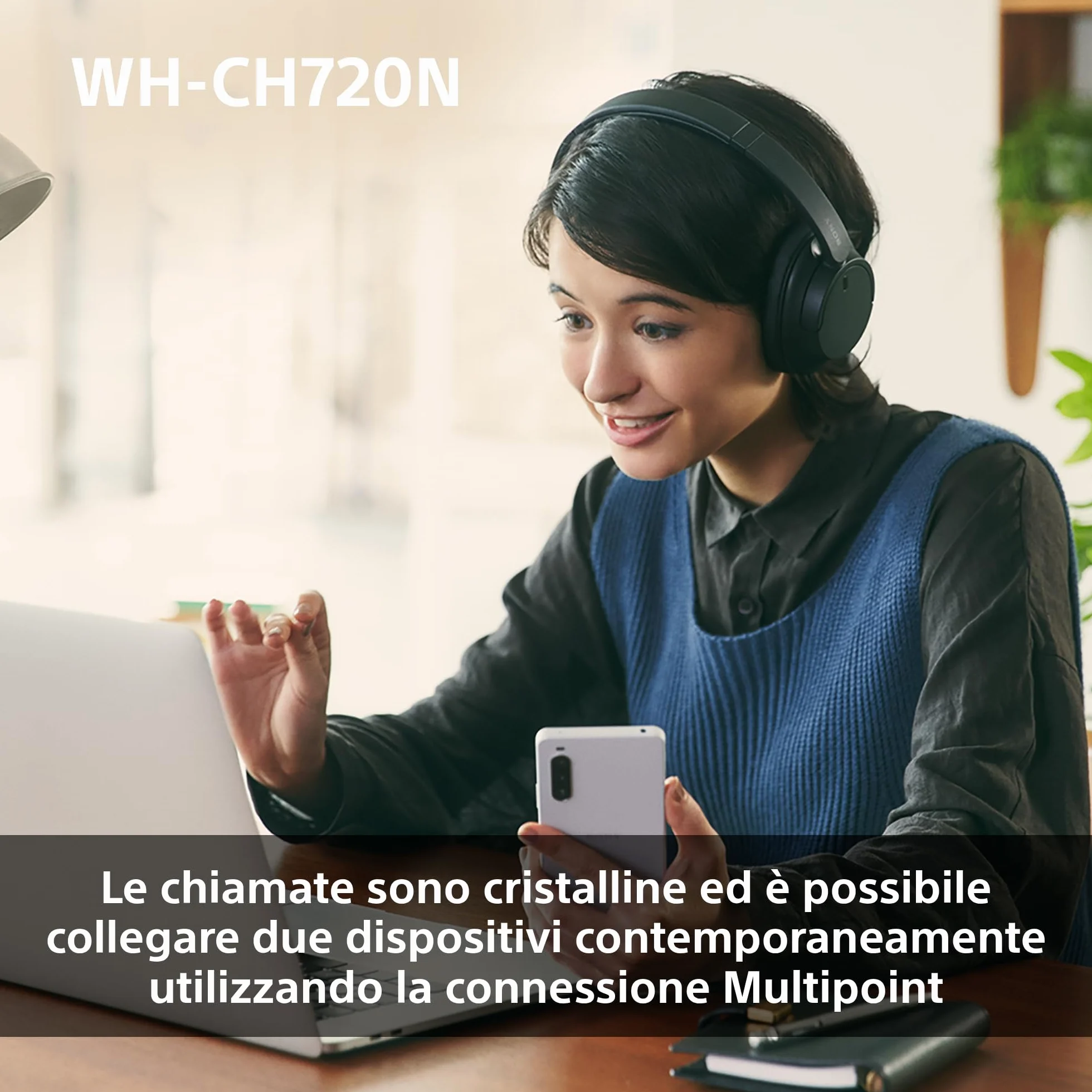 Sony WH-CH720N Cuffie Wireless Noise Cancelling Multipoint 35h Batteria Ricarica Rapida Nero