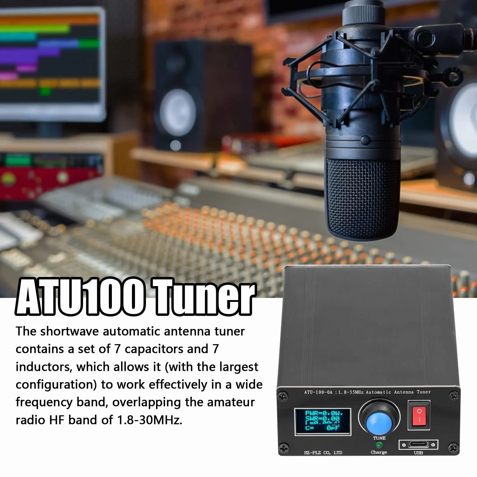 Baugger ATU-100-0A Mini sintonizzatore automatico per antenna 1,8-55 MHz Display OLED 0,91 pollici Outcase lega alluminio 1800 mAh