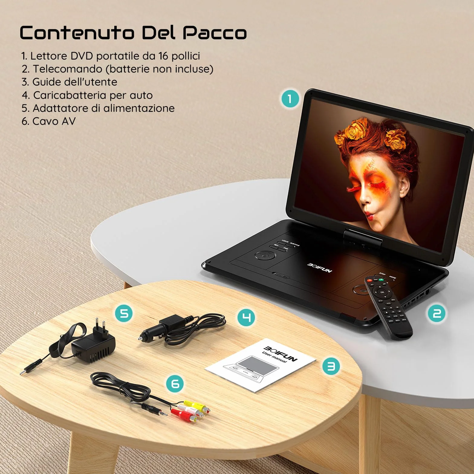 Lettore DVD Portatile 17,5" Schermo HD 16" Batteria 6 Ore USB/SD Sync TV Nero