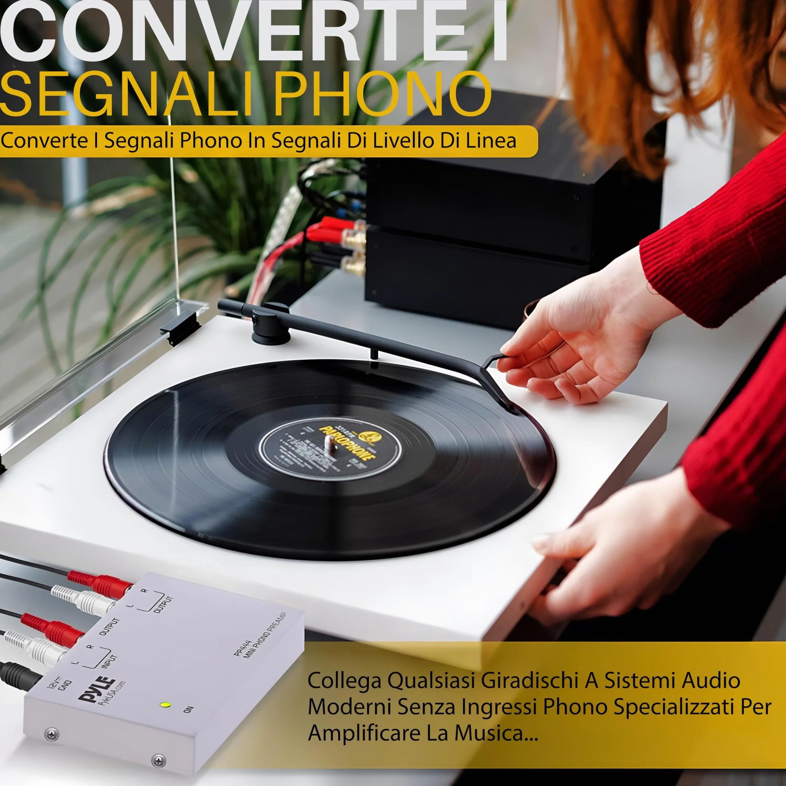 Pyle Preamplificatore Phono Mini per Giradischi con Ingressi e Uscite RCA, Basso Rumore, 12V DC, Grigio