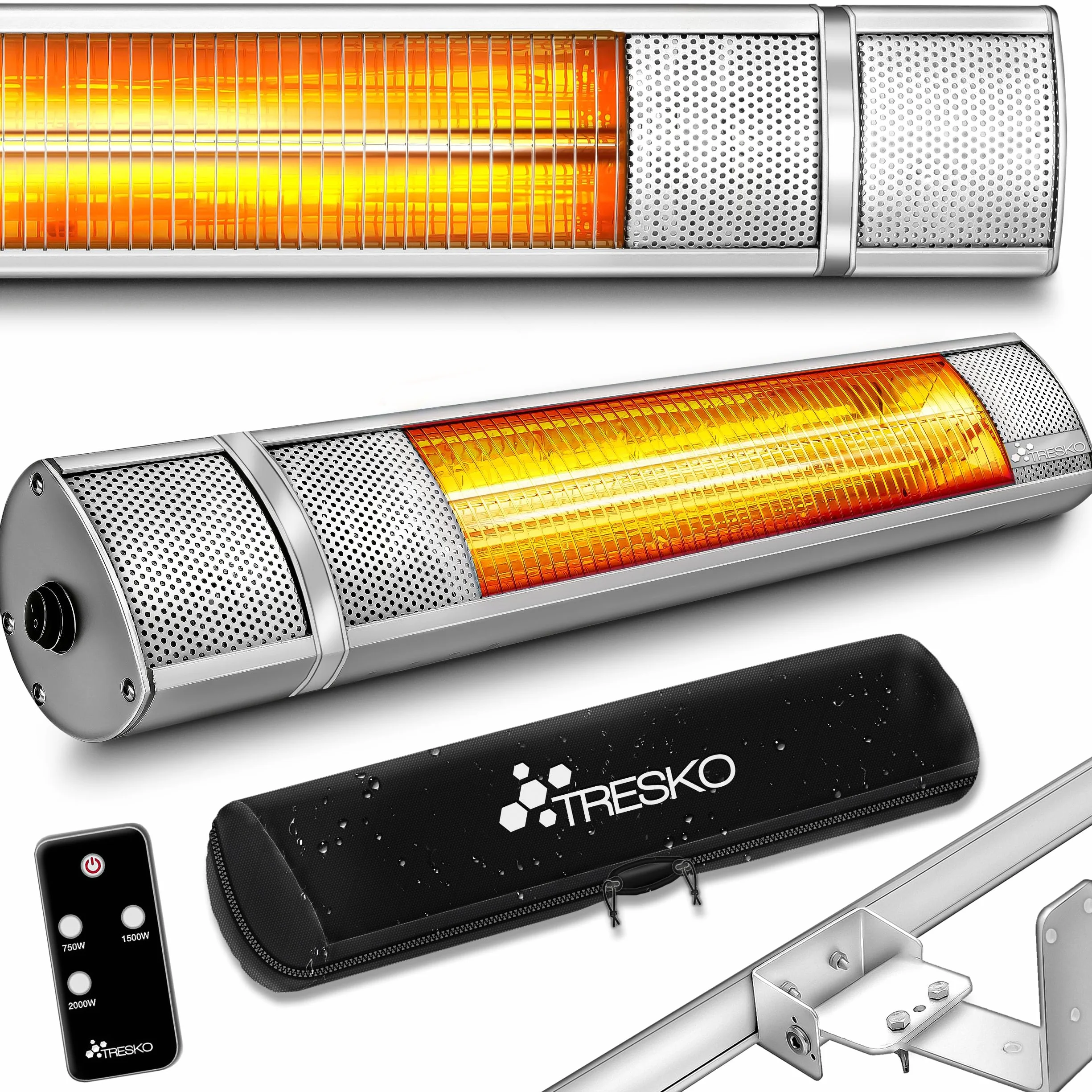 TRESKO Stufa a Infrarossi 2000W Telecomando 3 Livelli Calore Riscaldatore Patio Interno Esterno Parete Quarzo Argento