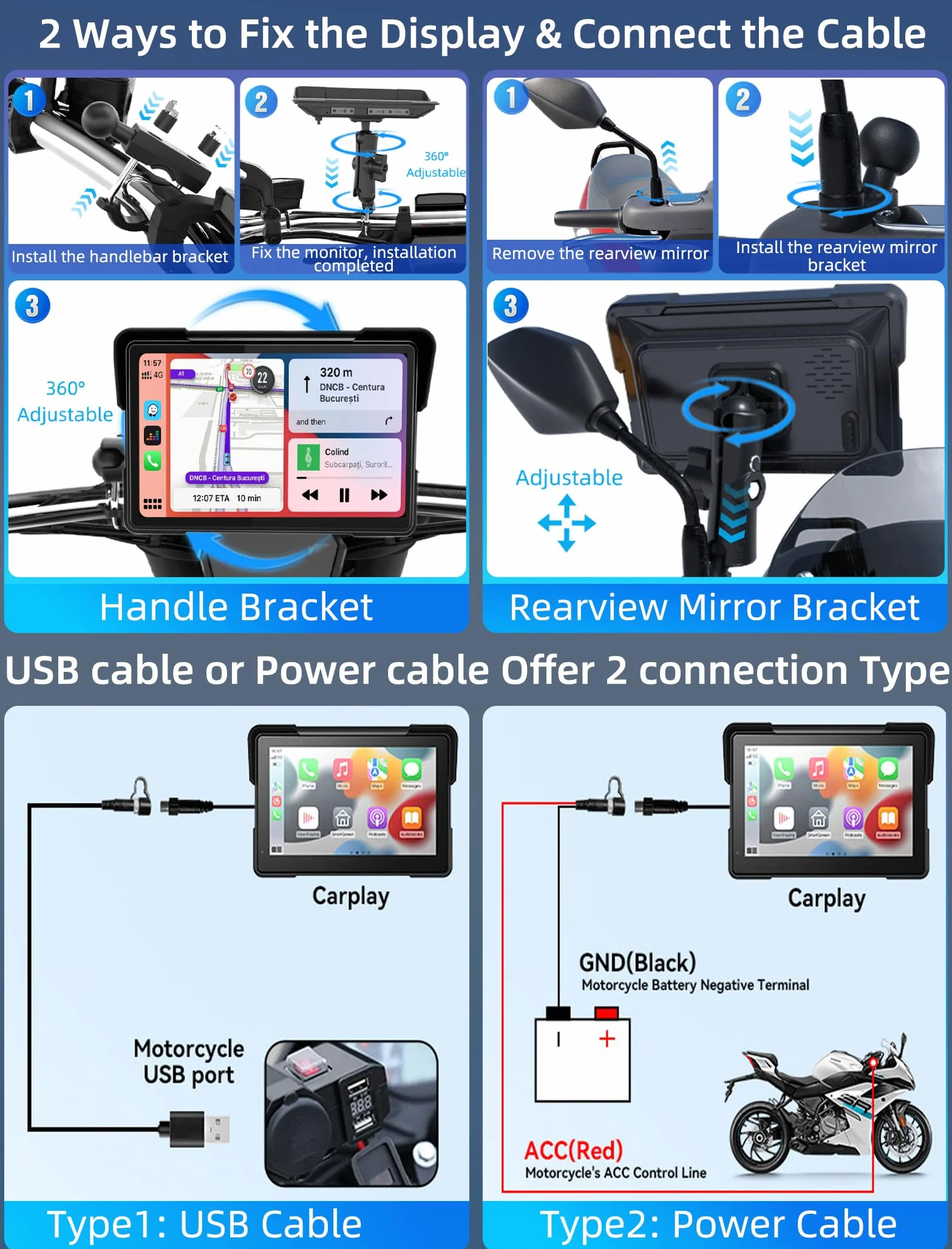 Jansite Carplay Moto da 7 Pollici Navigatore Andrpid Auto Display Impermeabile IPS 2.5D Bluetooth Siri/Assistente Google