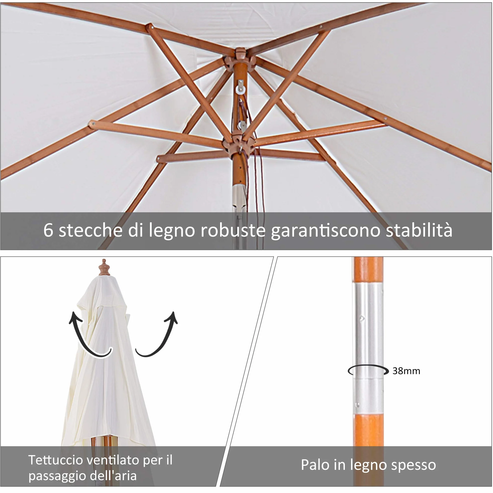 Outsunny Ombrellone da Giardino Inclinabile 2x1.5 m con Sistema a Corda e Presa d'Aria, Ombrellone da Esterno a 6 Stecche, in Legno, Bambù e Poliestere 180g/㎡, per Cortile Balcone Terrazzo, Crema