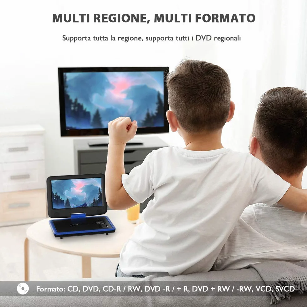 ieGeek 11.5" Lettore DVD portatile schermo girevole 360° LCD protezione occhi batteria ricaricabile 5 ore riproduzione loop Blu