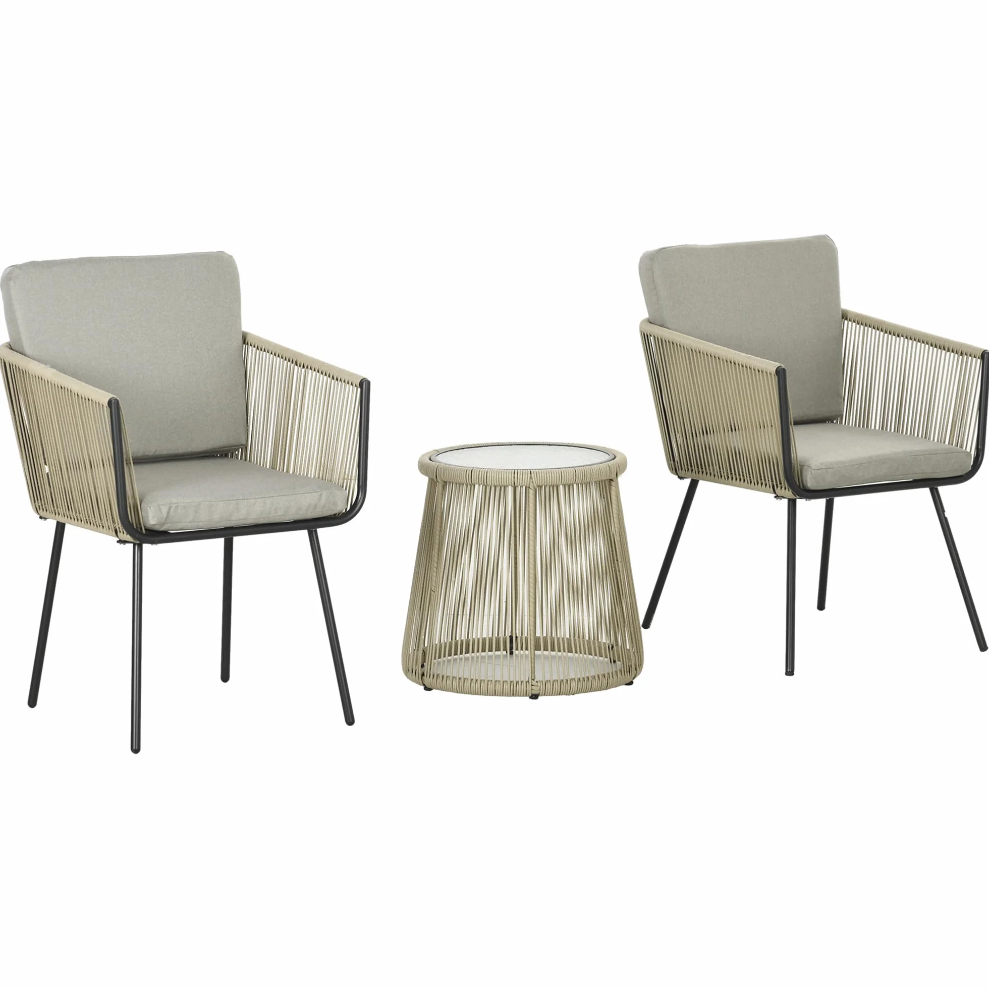 Outsunny Set da Giardino 3 Pezzi in Rattan PE e Acciaio, Set 2 Sedie con Cuscini Lavabili, Braccioli, Tavolino da Caffè con Piano in Vetro, Set di Mobili da Balcone Patio Cortile, Caffè/Grigio Chiaro