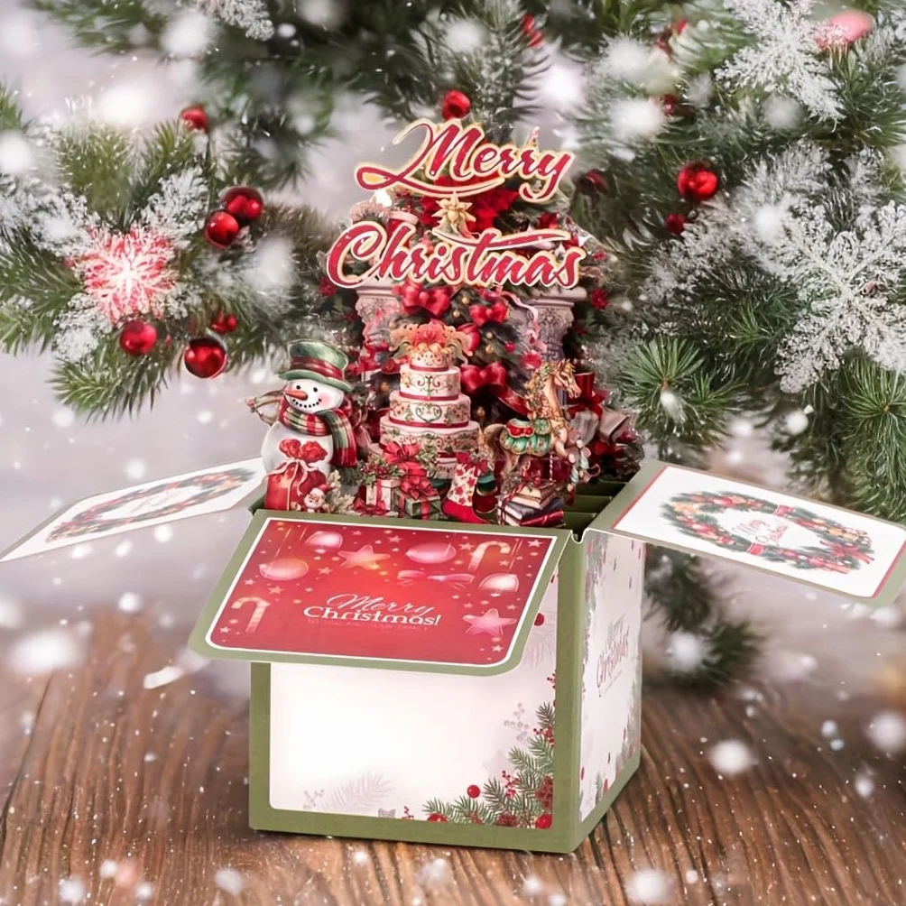 Biglietto Auguri Natale Pop-Up 3D con Albero e Pupazzo di Neve, Busta Inclusa