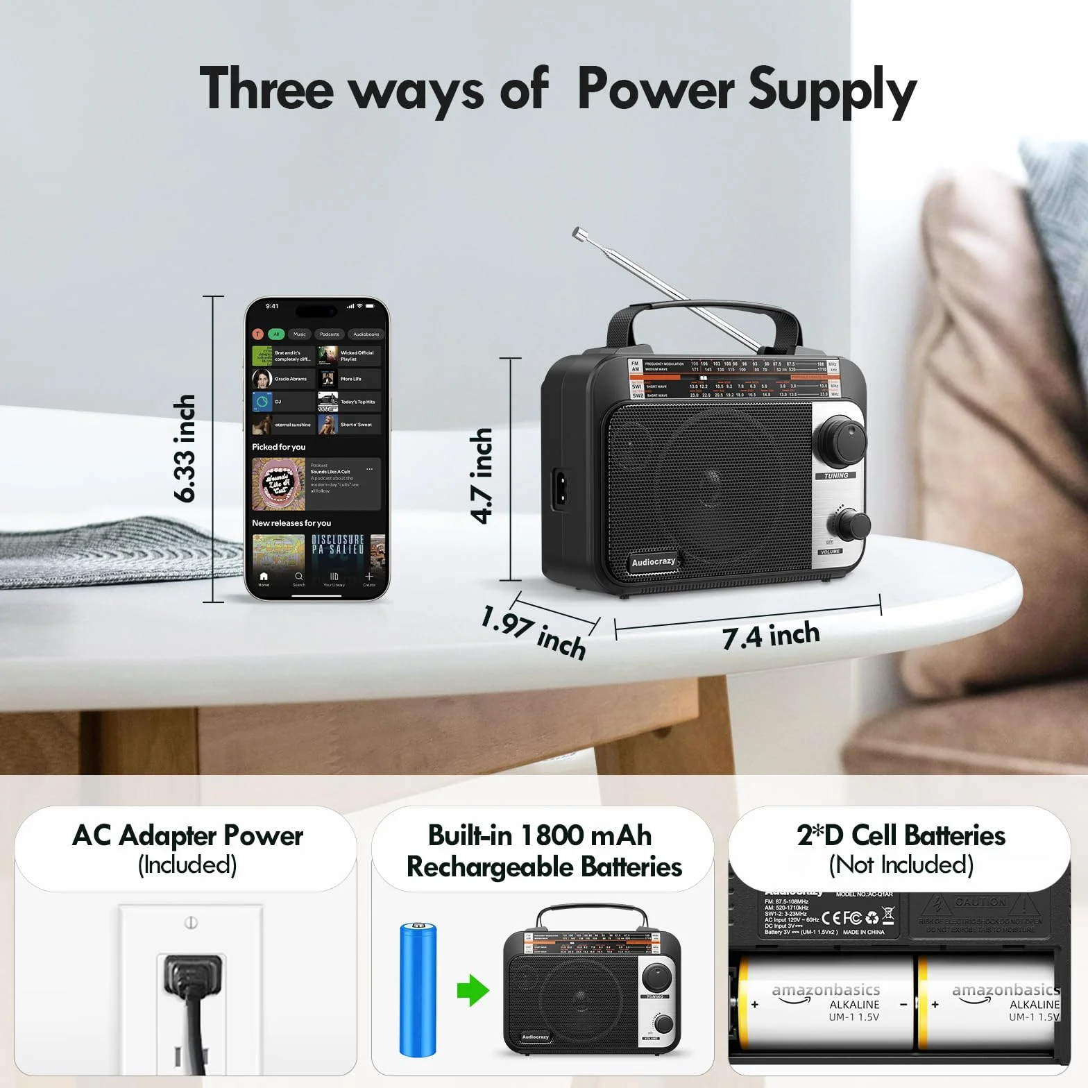 Radio Portatile AM/FM/SW1-2 Multibanda 1800 mAh Batteria Ricaricabile Nero