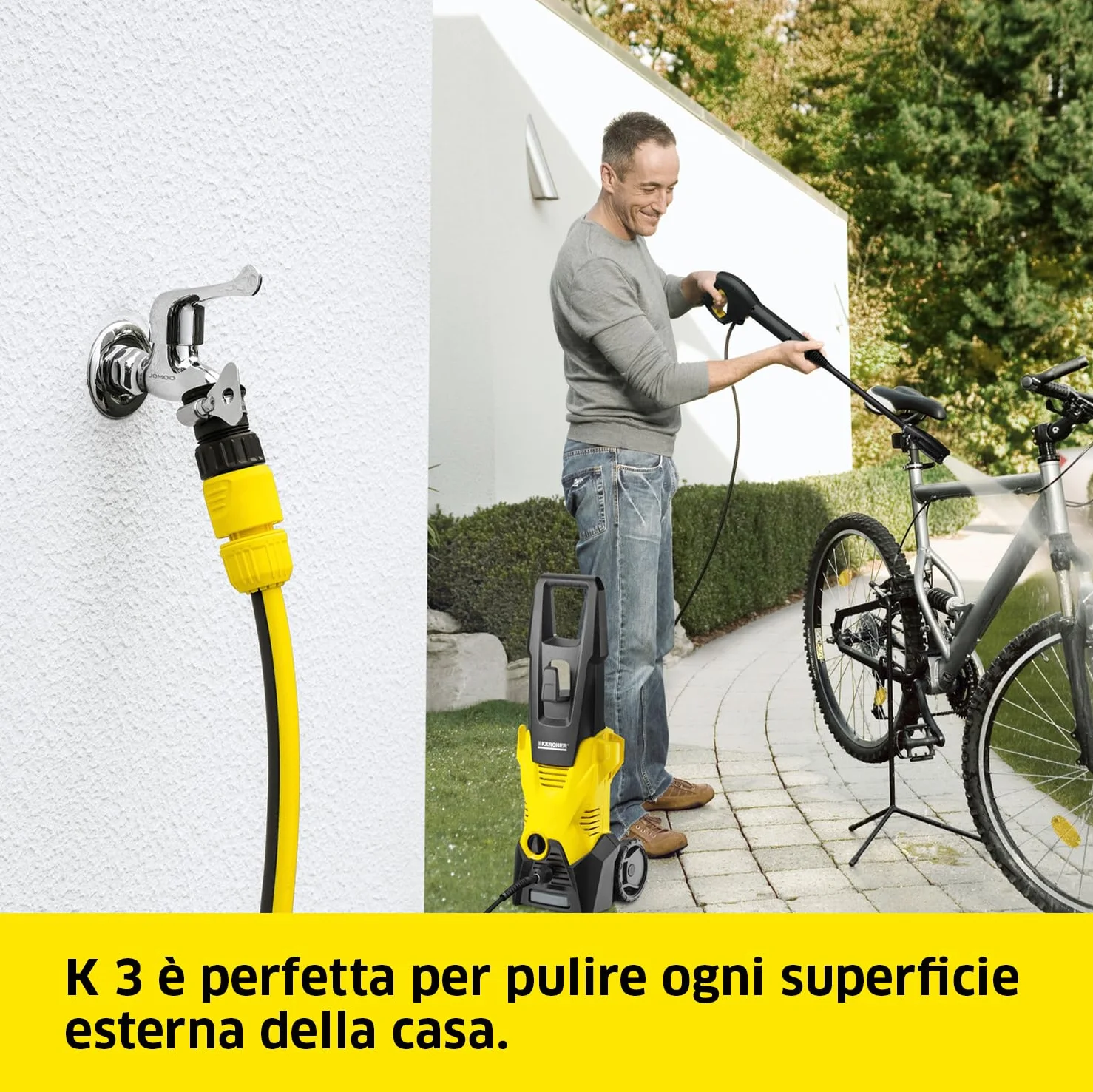 Kärcher Idropulitrice K 3, Pressione max 120 bar, Portata 380 l/h, Area di lavoro 25 m²/h, Filtro acqua, Pistola e Tubo Alta Pressione 6m, Serbatoio detergente, Ugello mangiasporco, Lancia Vario Power