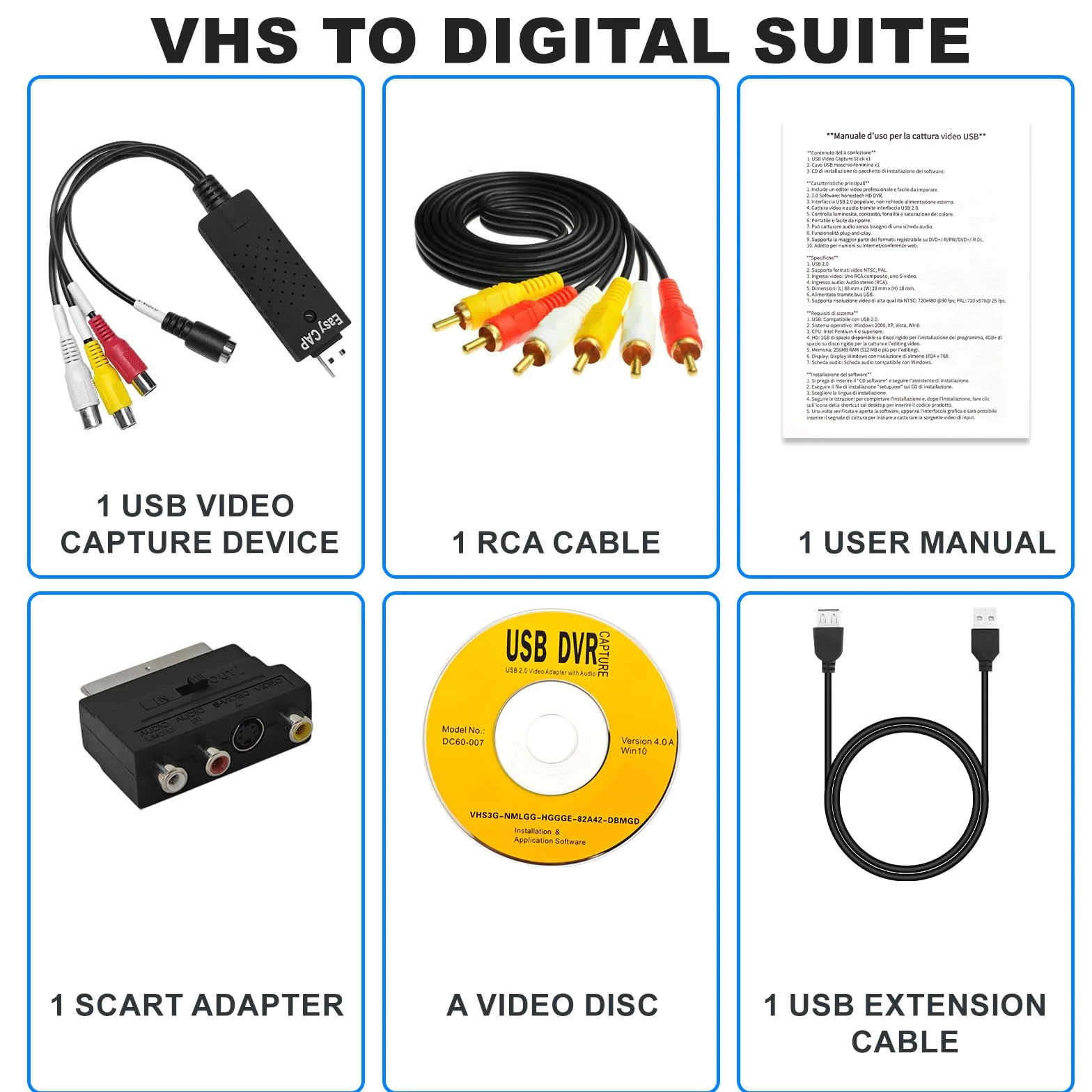 Convertitore da VHS a Digitale USB per Acquisizione Video Audio Compatibile Windows 11/10/8 macOS Digitalizza VCR DVD Hi8 MP4 AVI