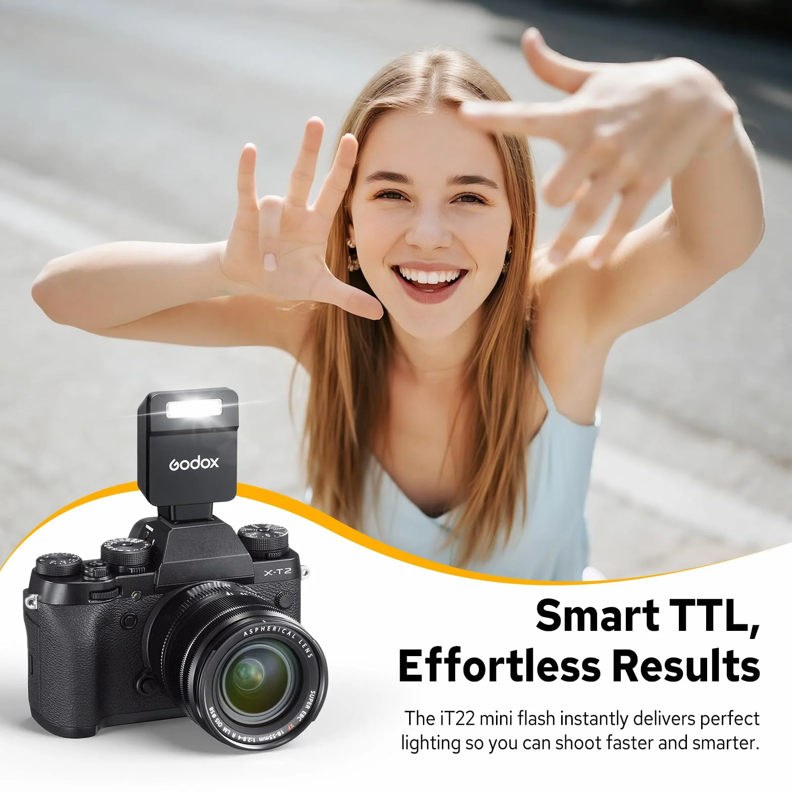 Godox iT22-F Mini TTL Camera Flash for Fujifilm, USB-C Rechargeable Portable Flash with 1.5s Recycling, 700 Full-Power Flashes, Black
