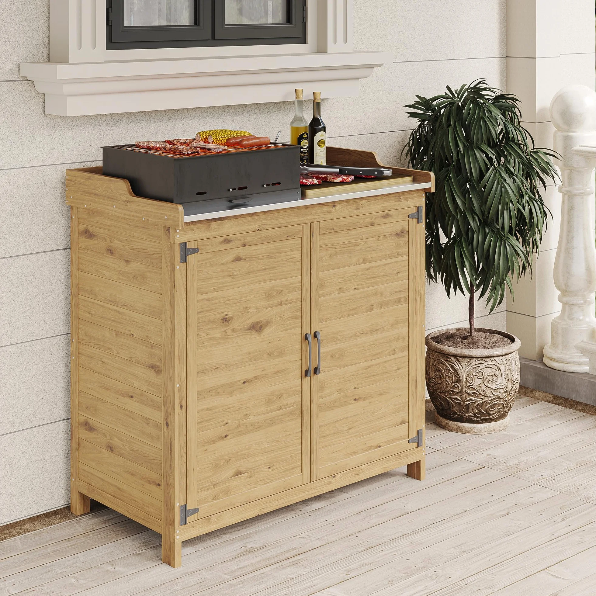 Bealife Tavolo per Piante con Mobile Base in Legno Armadietto da Esterno Naturale 98x48x95 cm
