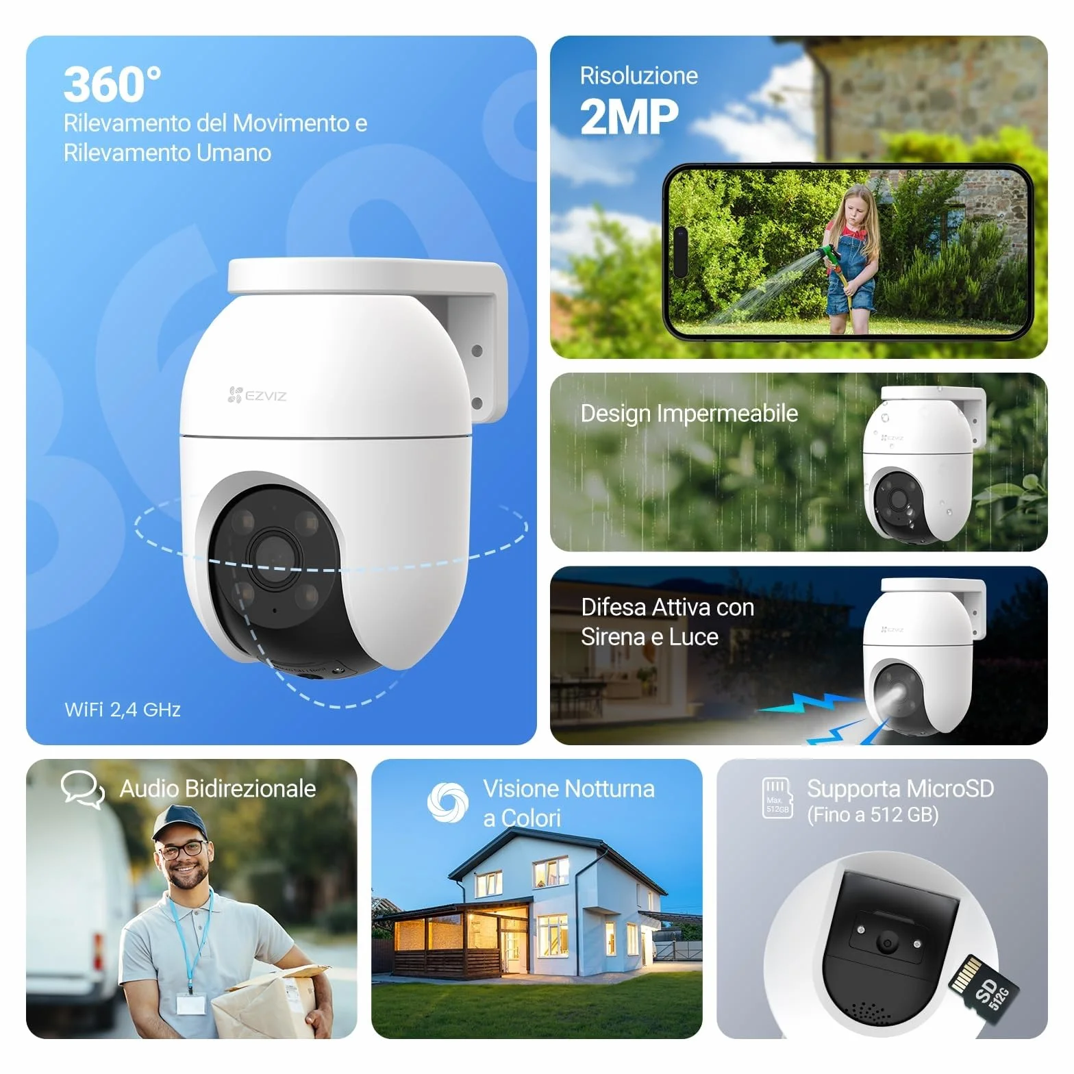 EZVIZ C8c 2MP Telecamera Wi-Fi Esterno 1080p Motorizzata 360° Visione Notturna Colori Rilevamento Persone Tracciamento Automatico Alexa Google
