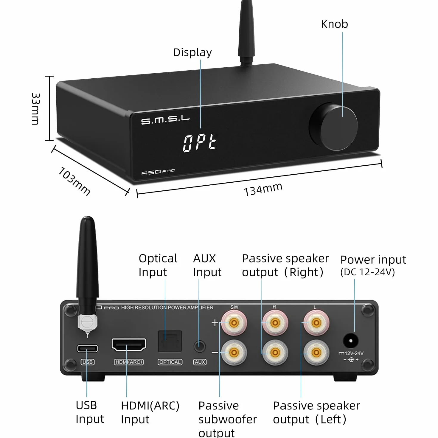 S.M.S.L A50 PRO Amplificatore di Potenza HiFi 2.1 Canali, MA12070P, Bluetooth 5.0, Subwoofer Passivo