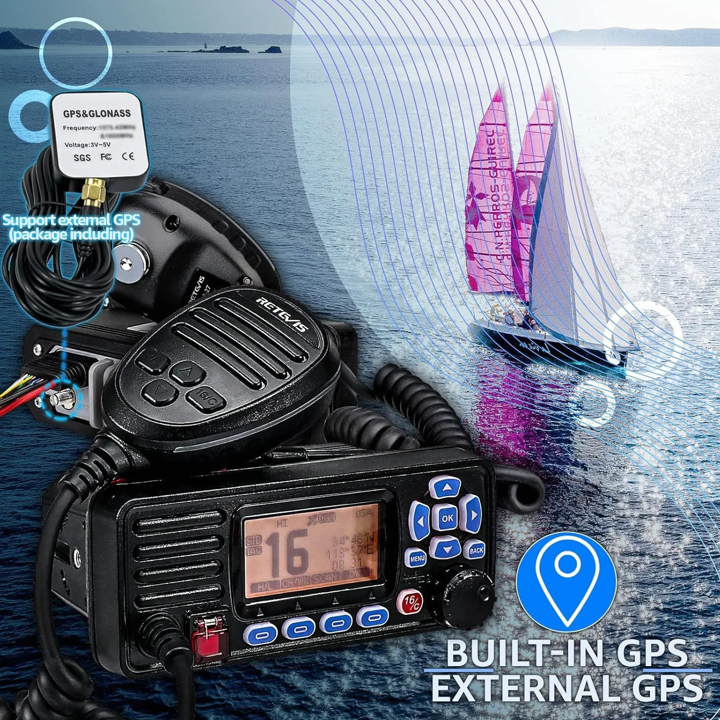 Retevis RA27 Ricetrasmettitore VHF Marino Portatile Impermeabile IP67 DSC GPS 88 Canali