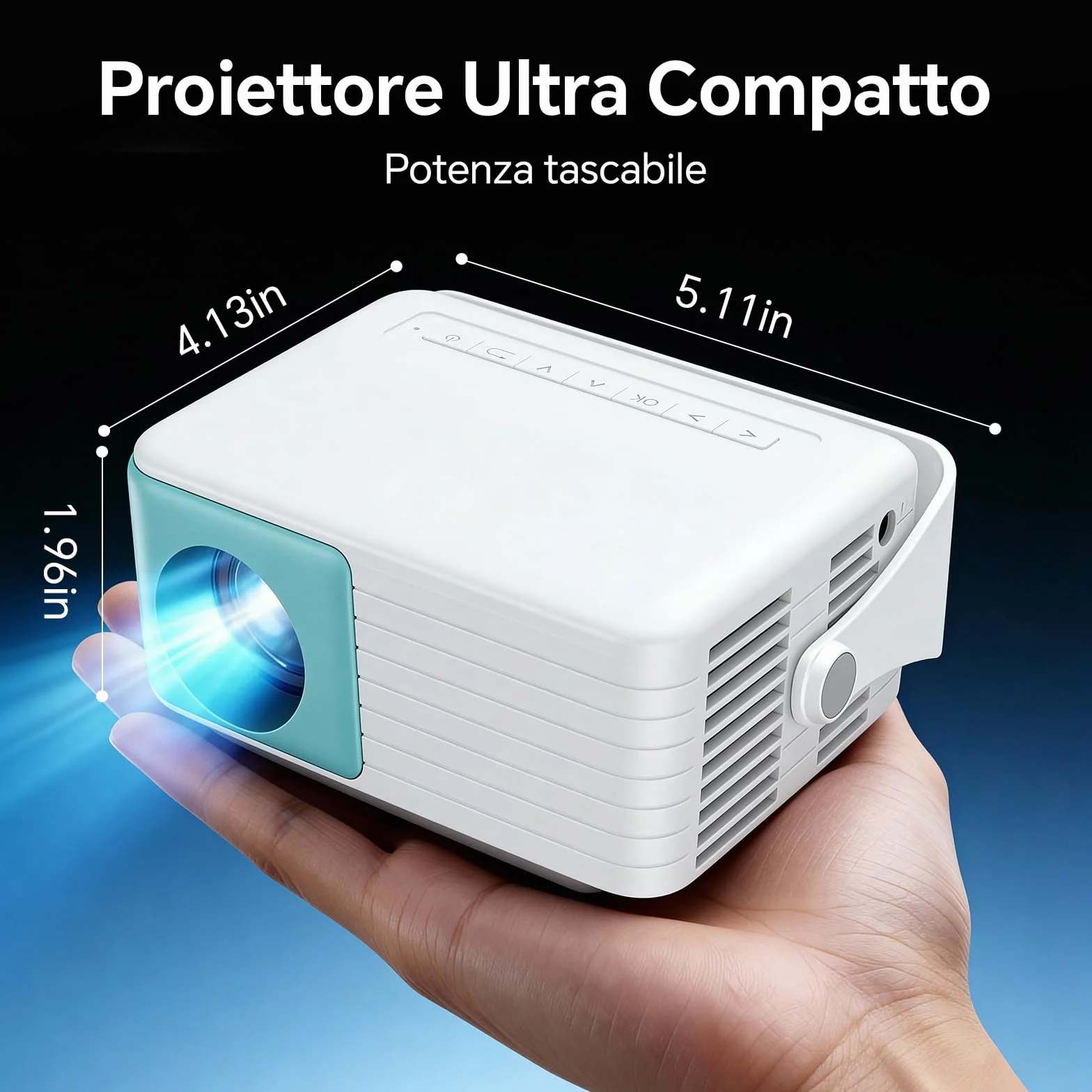 WOLFANG Proiettore Portatile 1080P FHD, Mini Proiettore con Correzione Automatica Keystone, Zoom 50%, Rotazione 180°