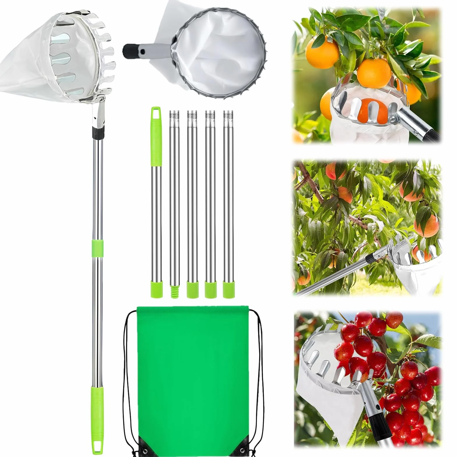 Raccogli Frutta con palo in Acciaio Inox Leggero,2m Raccoglitore di Frutta,raccogli Ciliegie telescopico,raccogli Frutta telescopico,attrezzo raccogli per Raccolta Mele-agrumi-pere-pesche