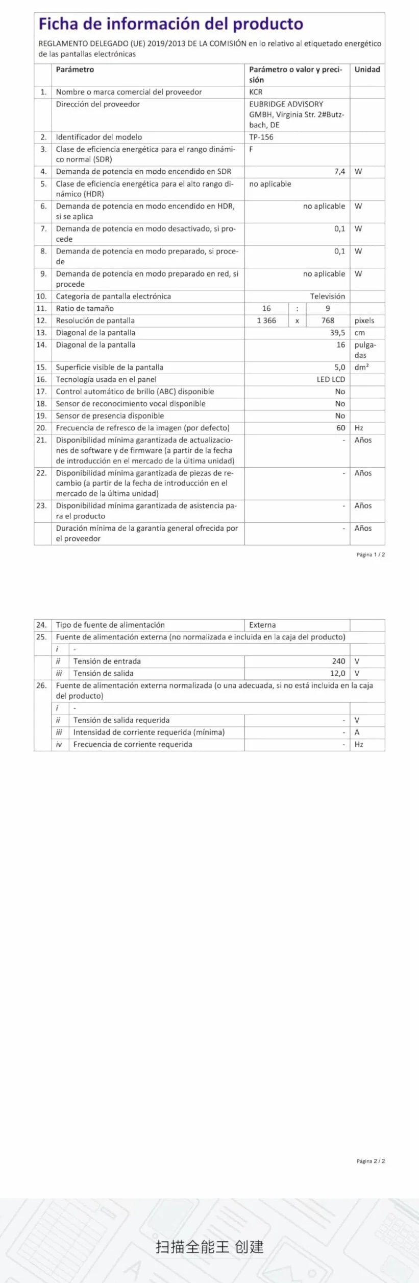 KCR TV digitale ricaricabile 15,6 pollici DVB-T2 HDMI USB