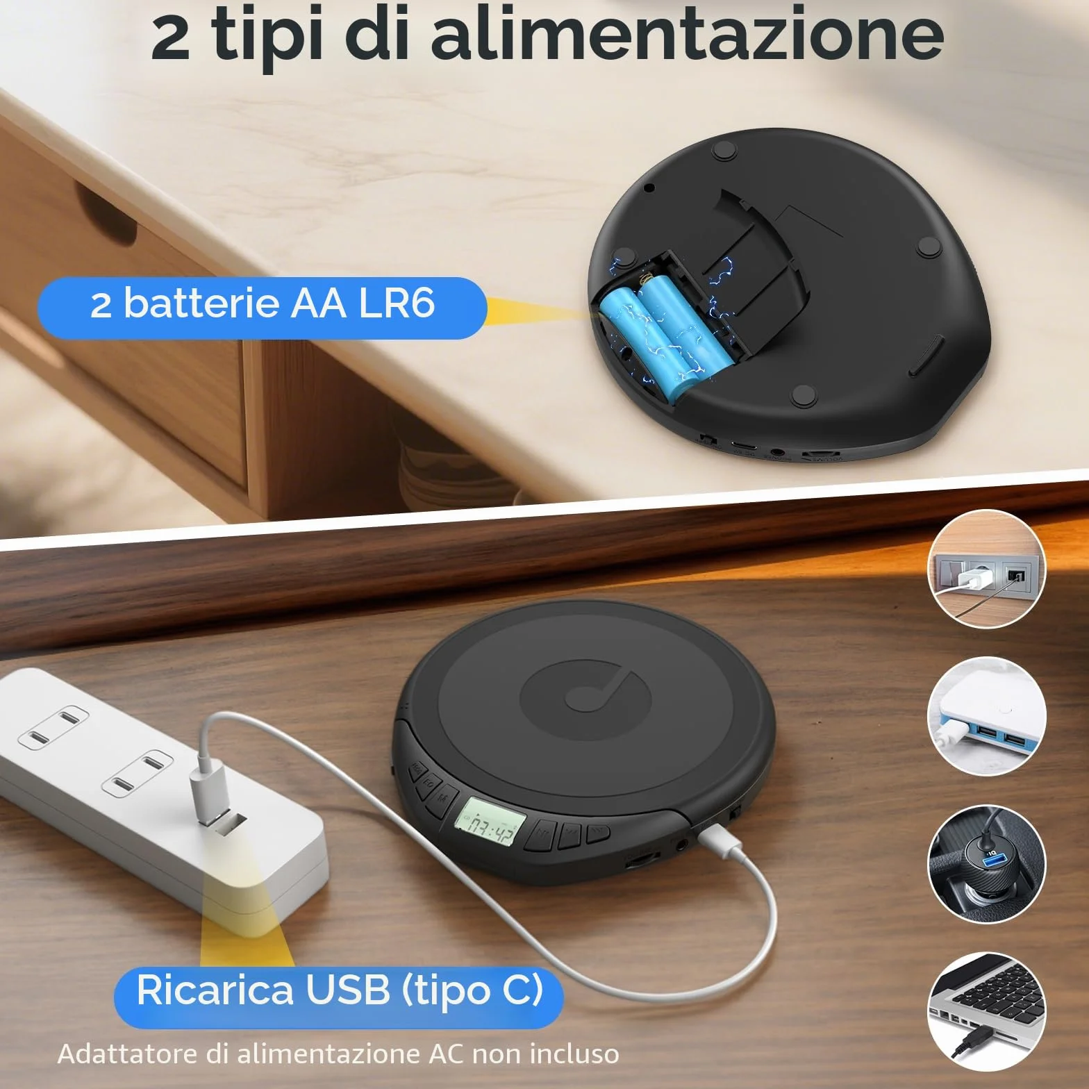 Lettore CD Portatile HiFi con Cuffie Display LCD Anti-Skip
