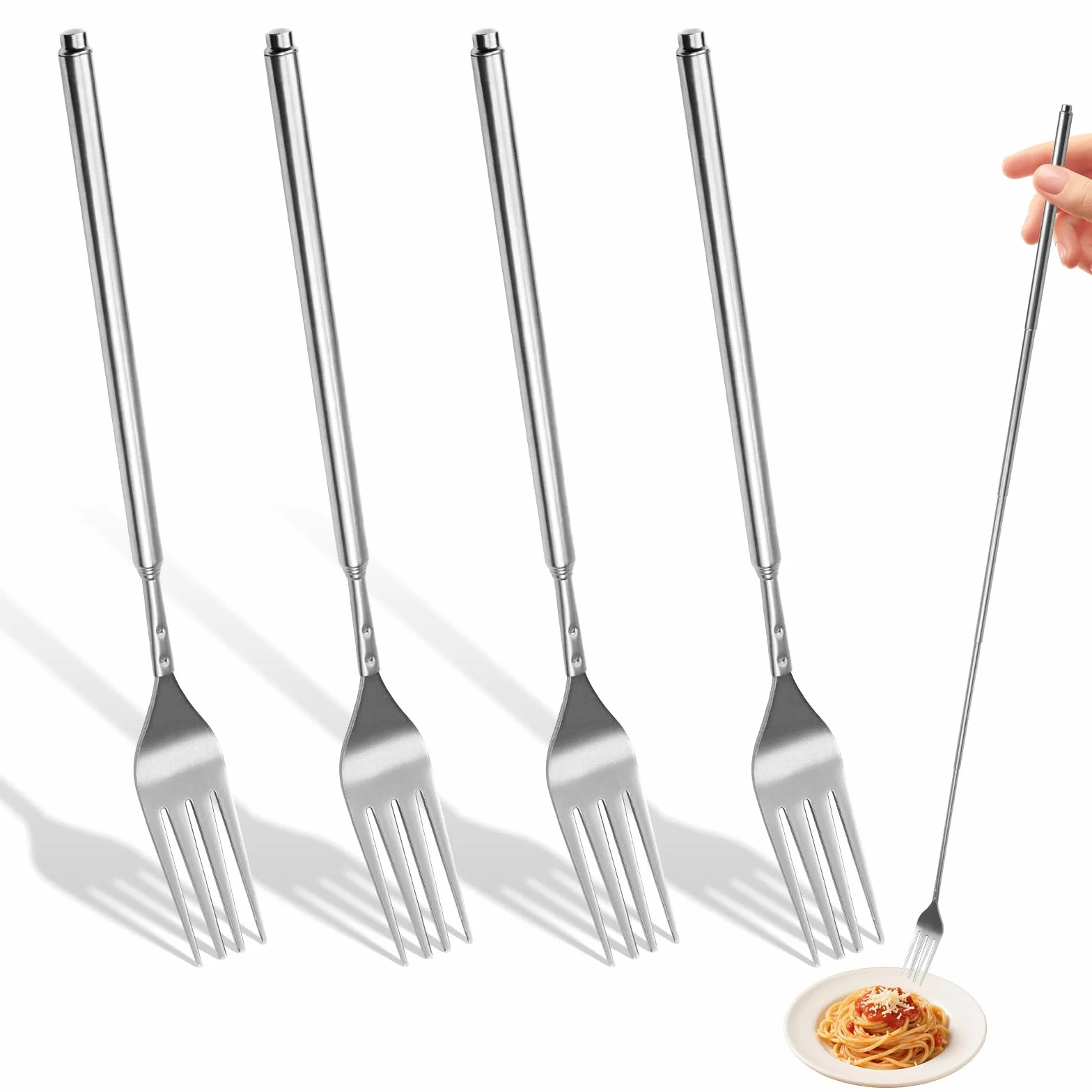 4 Pcs Forchetta Allungabile, Forchetta Telescopico in Acciaio Inox, Forchette Allungabili con Manico Regolabile 23–64,5 cm, Compatte per BBQ, Cucina, Frutta, Dessert