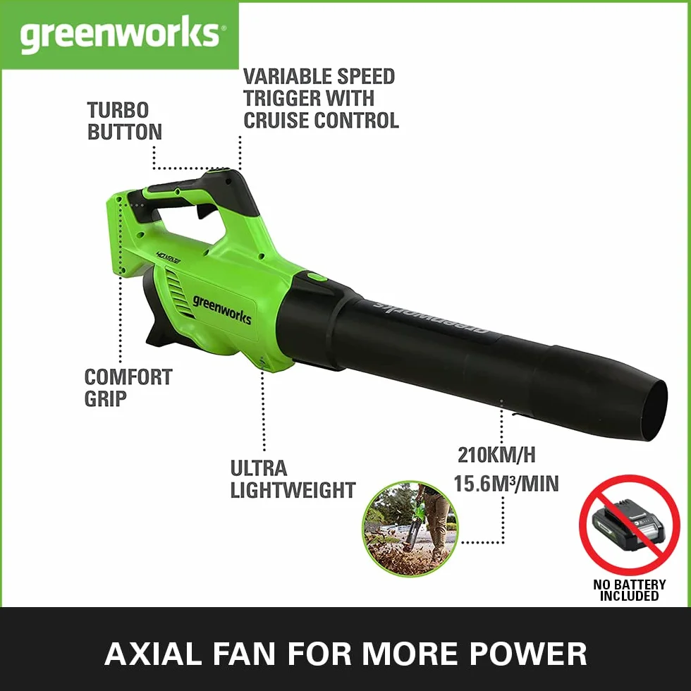 Greenworks GD40AB - Soffiatore a Batteria con Modalità Cruise, Motore Brushless, 210km/h, 15,6m³/min, Funzione Turbo, SENZA Batteria 40V e Caricabatterie, Garanzia 3 Anni
