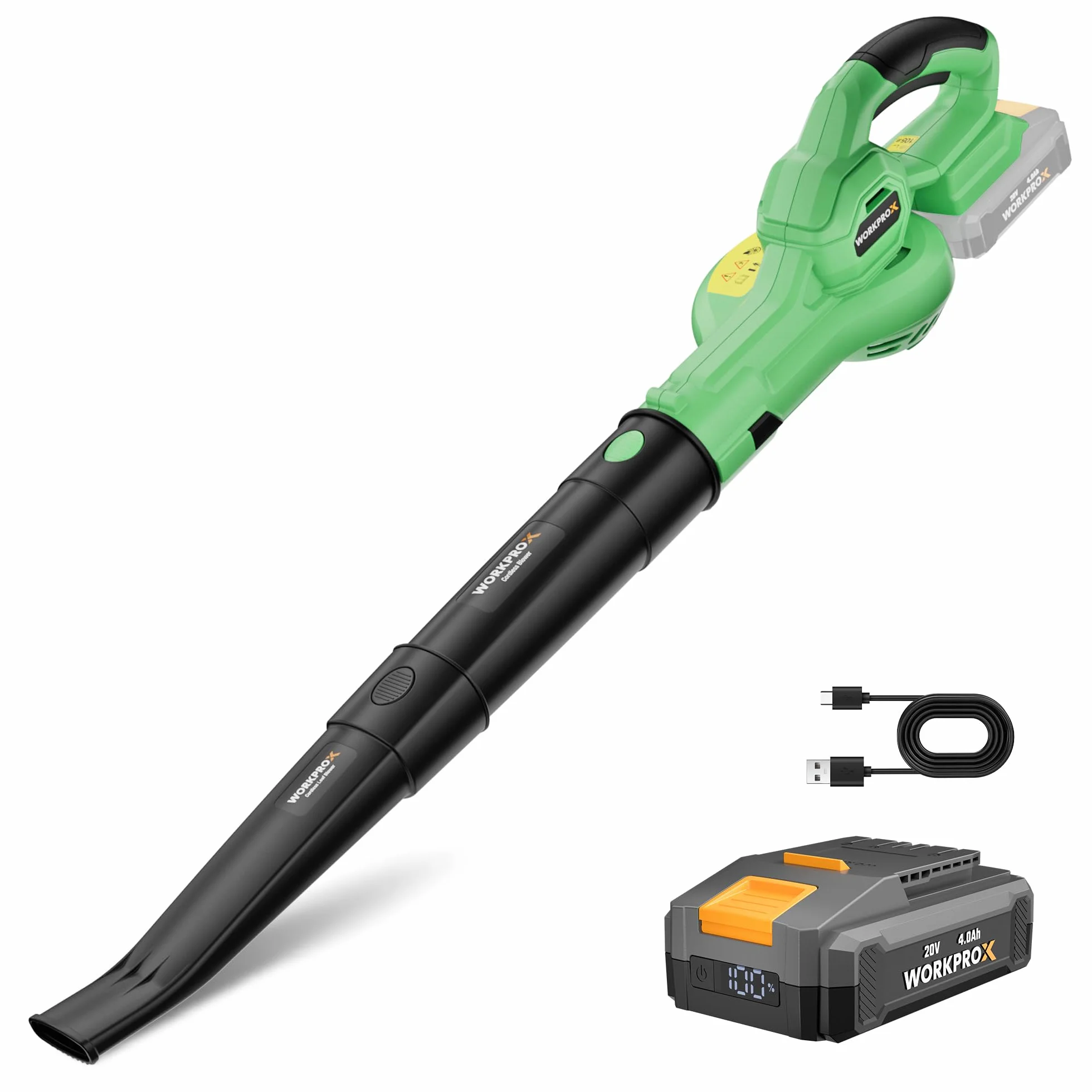 WORKPROX Soffiatore per Foglie 20V con Batteria, Flusso d'Aria Potente 222KM/H, Capacità 290 M³/H, Soffiatore per Giardinaggio