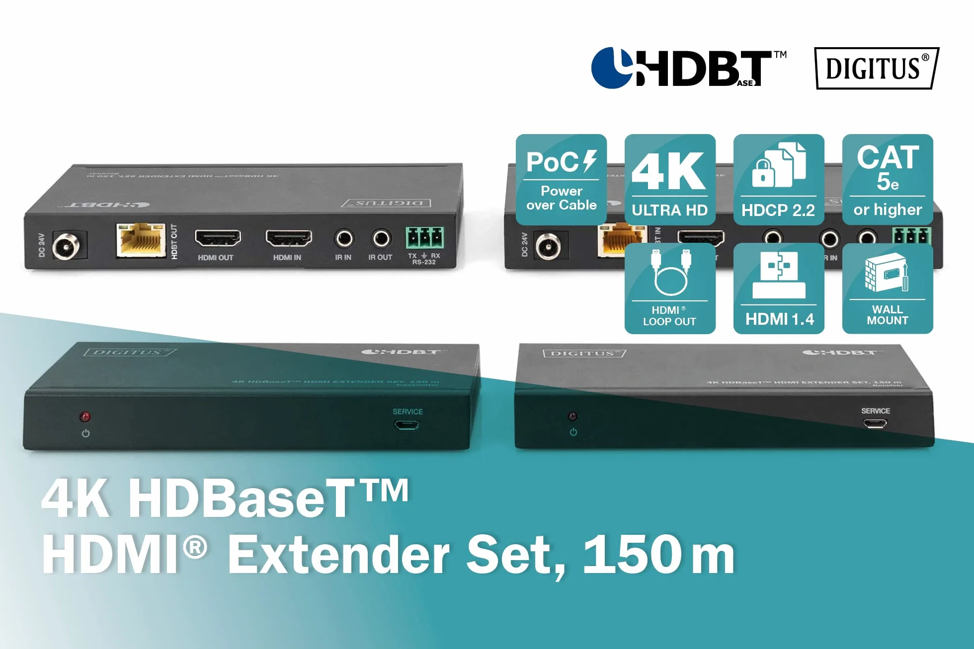 DIGITUS DS-55508 Estensore HDMI HDBaseT UHD 4K/60 Hz 120 m LAN Set Trasmettitore Ricevitore IR RS232 HDCP 2.2