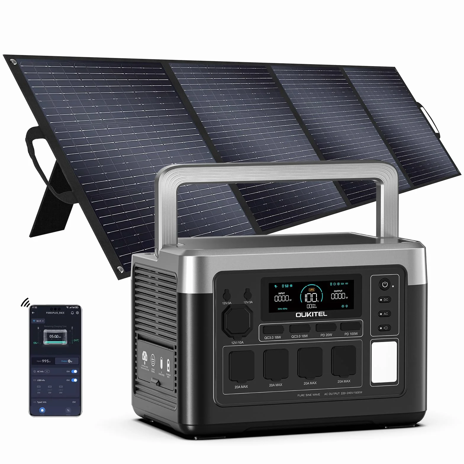 OUKITEL P1000 Plus Centrale Elettrica Portatile 1800W, 1024Wh Generatore Solare LiFePO4 con Pannello Solare 200W, USB-C 100W, Ricarica 0-100% della Batteria in 45 Minuti, per Casa, Viaggi e Campeggio