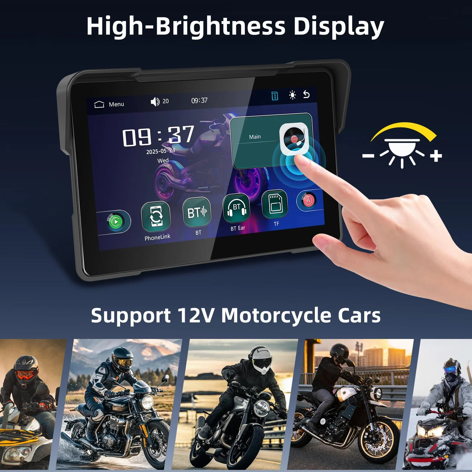 Schermo Carplay Moto Senza Fili 7 Pollici Impermeabile Touchscreen Doppio Bluetooth Navigazione GPS Android Auto +64G Card